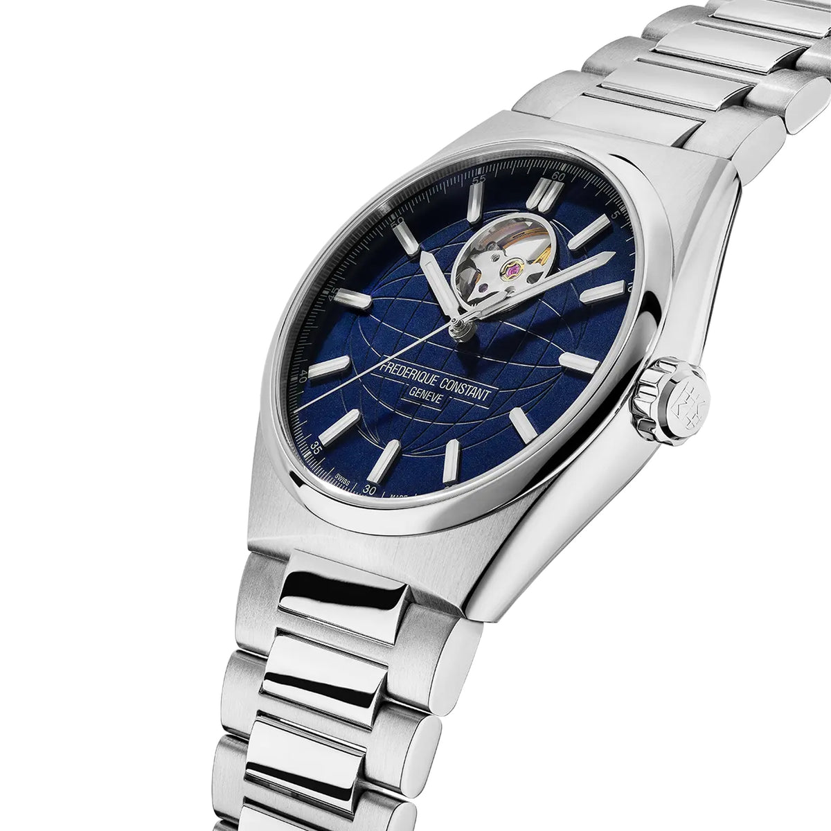 Frederique Constant Men's 41mm Stainless Steel Automatic Watch FC-310N4NH6B photographed at a three-quarter angle, highlighting the polished and brushed finish across the stainless steel case. The integrated bracelet flows seamlessly from the case profile.