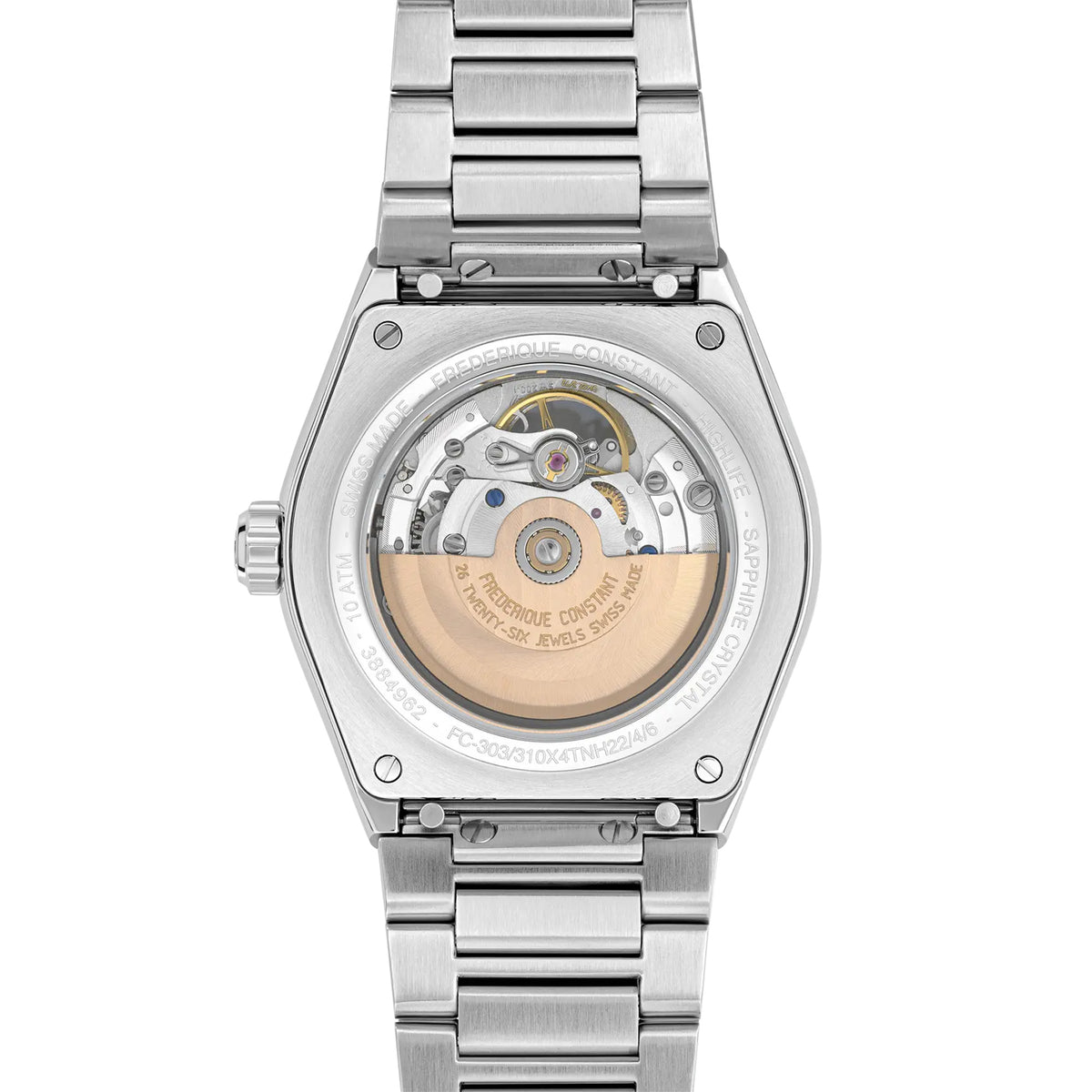 Frederique Constant Men's 41mm Stainless Steel Automatic Watch FC-310N4NH6B shown from the back, featuring the exhibition case back that reveals the FC-310 automatic movement. The see-through window highlights the 38-hour power reserve mechanism.
