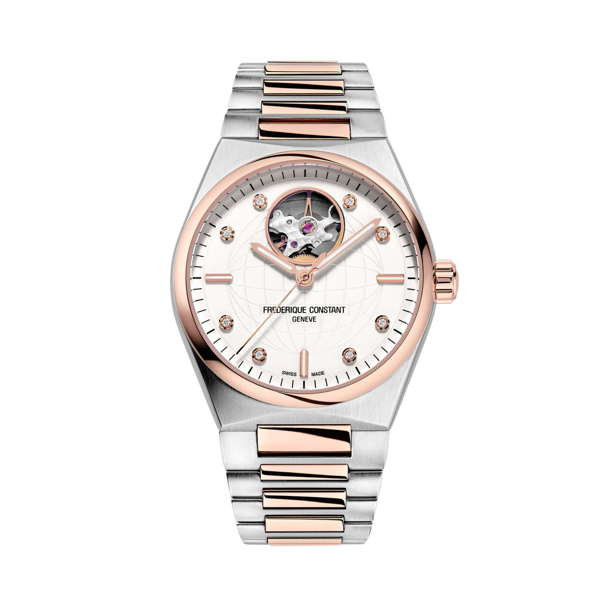 Frederique Constant Highlife Automatic Women's 34mm Watch FC-310VD2NH2B viewed front-on, showing the silver dial with an embossed globe pattern, diamond indexes and an open heart aperture at 12 o'clock. Gold-tone hands sit against the two-tone stainless steel case.