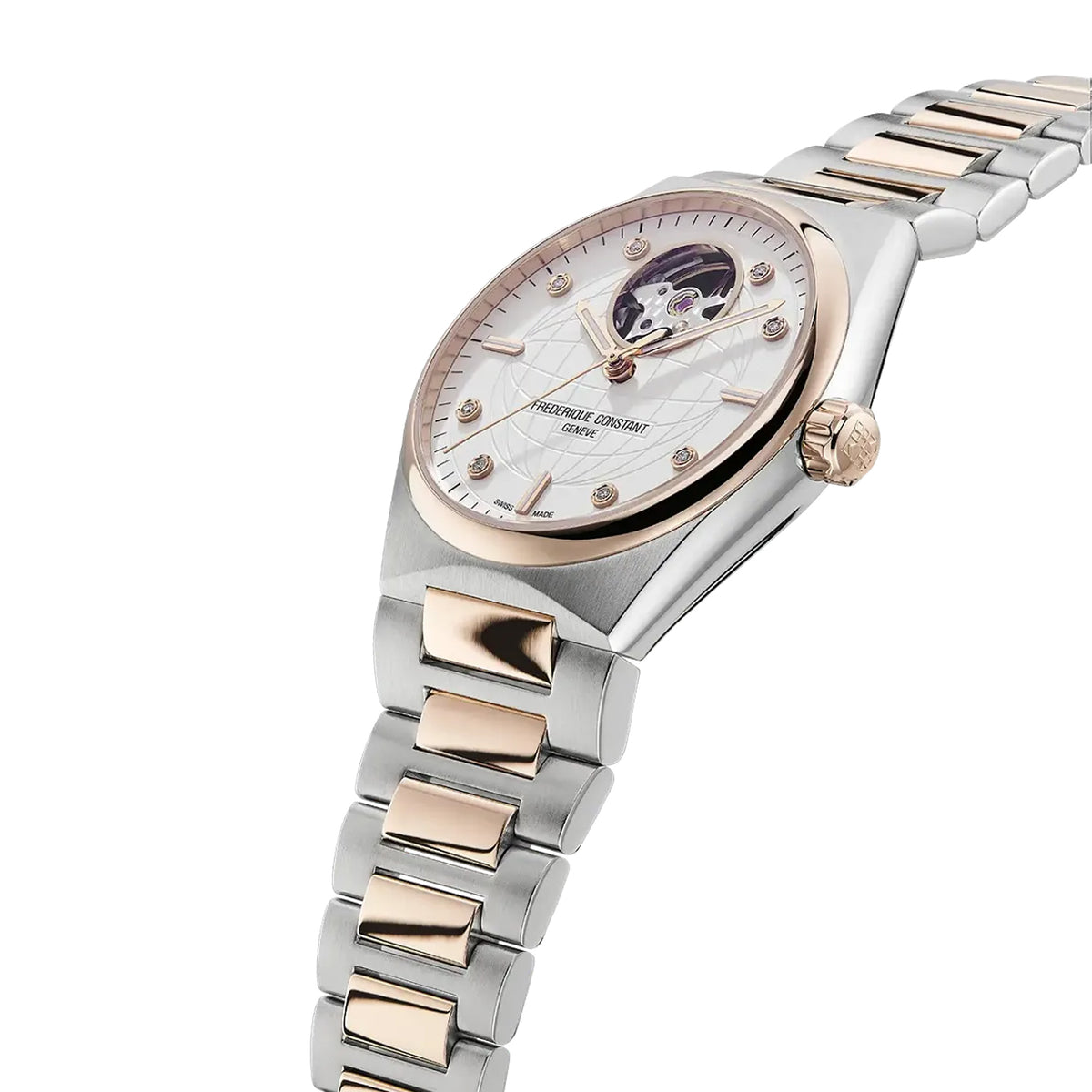 Frederique Constant Highlife Automatic Women's 34mm Watch FC-310VD2NH2B photographed at a three-quarter angle, highlighting the two-tone stainless steel and rose gold-tone finish across the case and integrated bracelet. The sapphire crystal catches the light along the case profile.