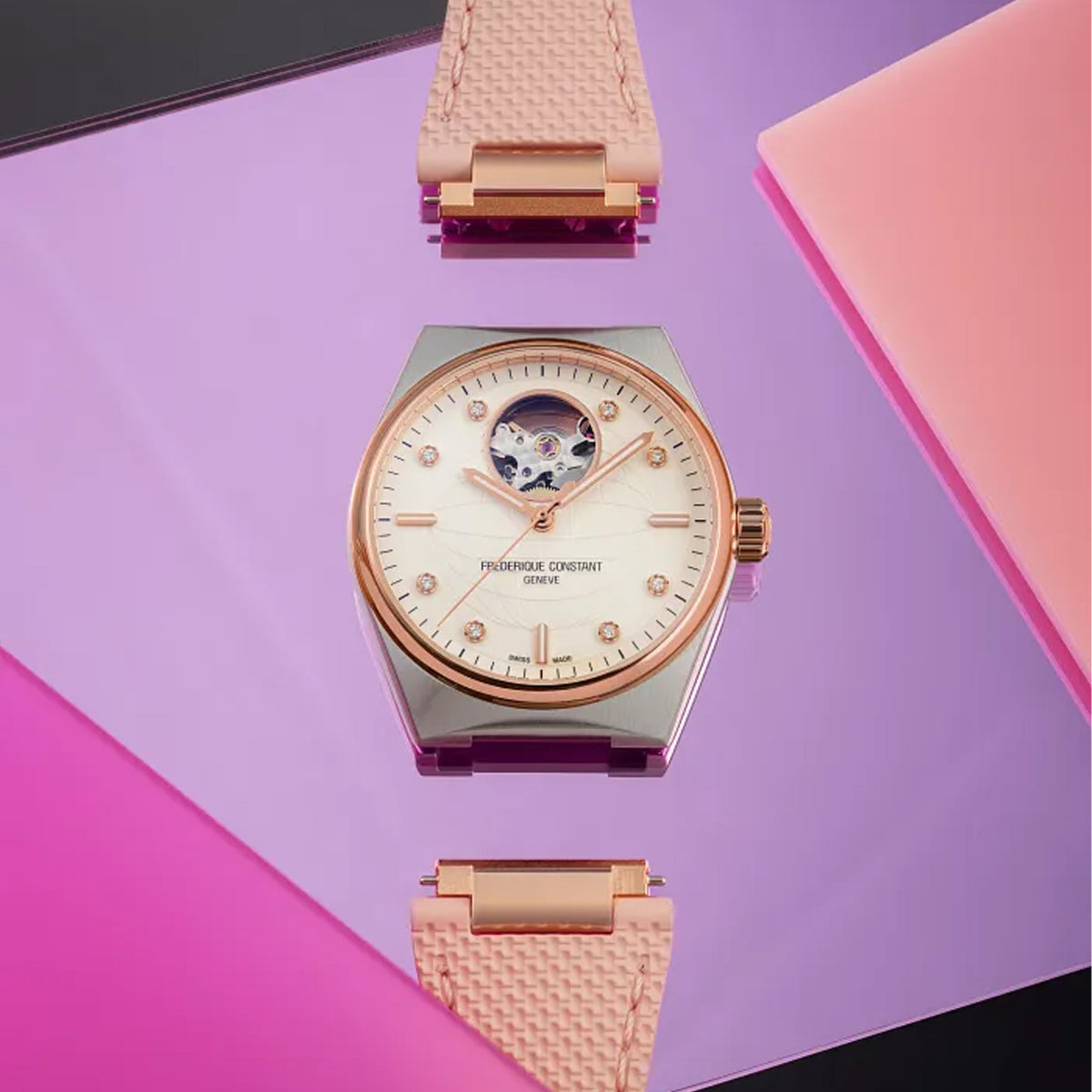 Frederique Constant Highlife Automatic Women's 34mm Watch FC-310VD2NH2B styled in a lifestyle setting, reflecting its versatile design for both everyday and dressier occasions. The two-tone finish and diamond-set dial complement a range of outfits.