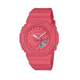 Casio G-SHOCK GMA-P2100-4A analogue digital watch with pink bio-based resin band, octagonal bezel, and compact shock-resistant design.