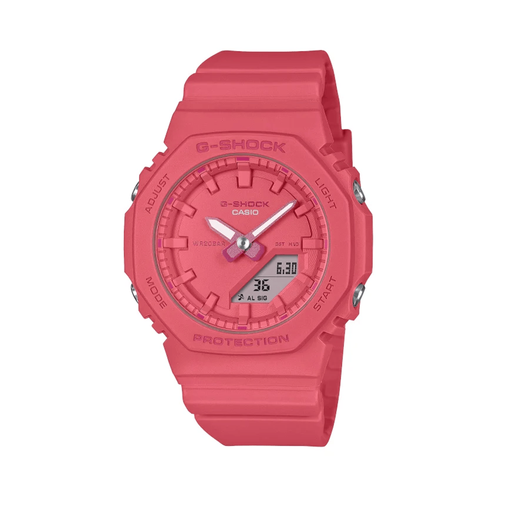 Casio G-SHOCK GMA-P2100-4A analogue digital watch with pink bio-based resin band, octagonal bezel, and compact shock-resistant design.