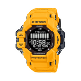Casio G-Shock Rangeman GPRH1000-9D front view, featuring the bold yellow and black bio-based resin case with forged metal guards on both sides, MIM sensor cover at 3 o'clock, mud-resist button guard at 9 o'clock, and the large high-contrast MIP LCD display — G-Shock's most capable outdoor watch.