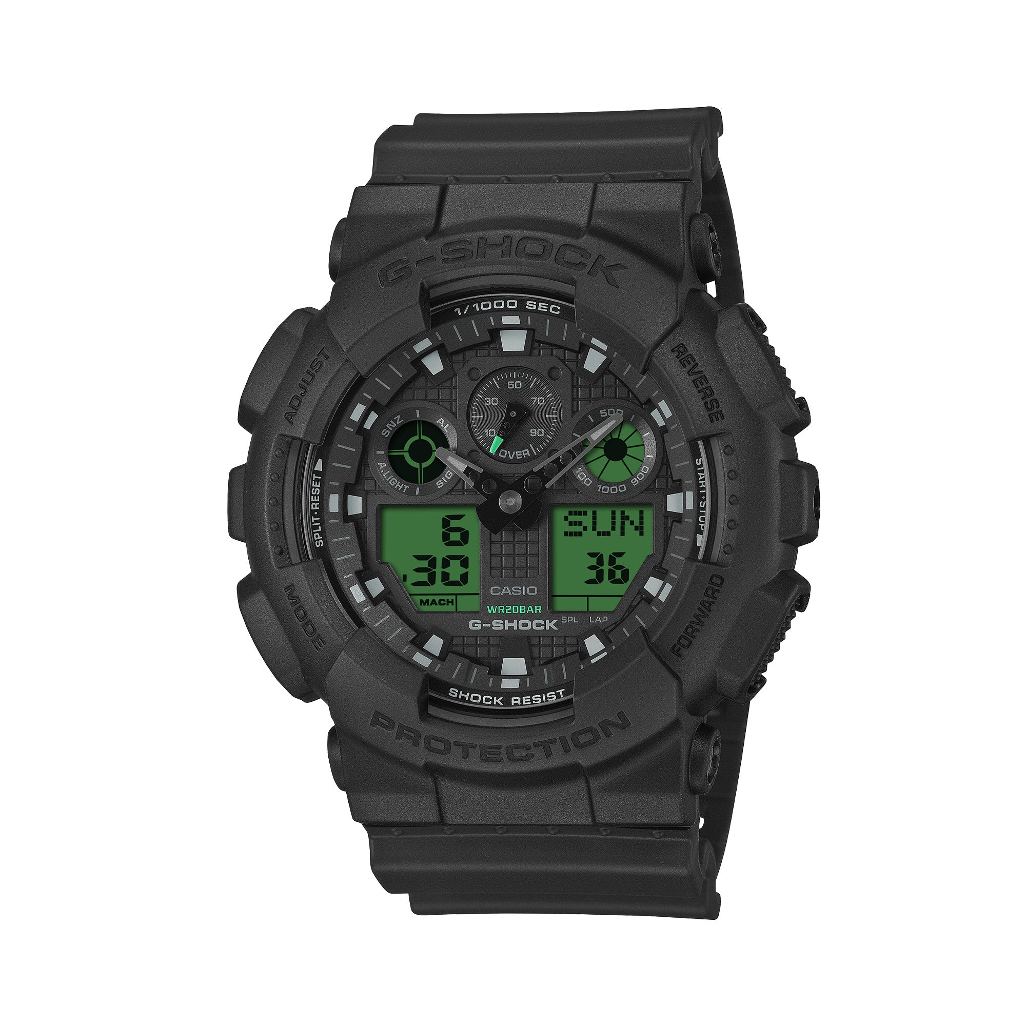 Casio G-Shock GA100BEG-1A front view, featuring the large 55mm all-black round resin case with electro green LCD accents, three-dial analogue-digital layout with aluminium hands, four symmetrical LCD windows, oversized checkered anti-slip buttons, and bold G-Shock branding in a striking black and electro green colourway.