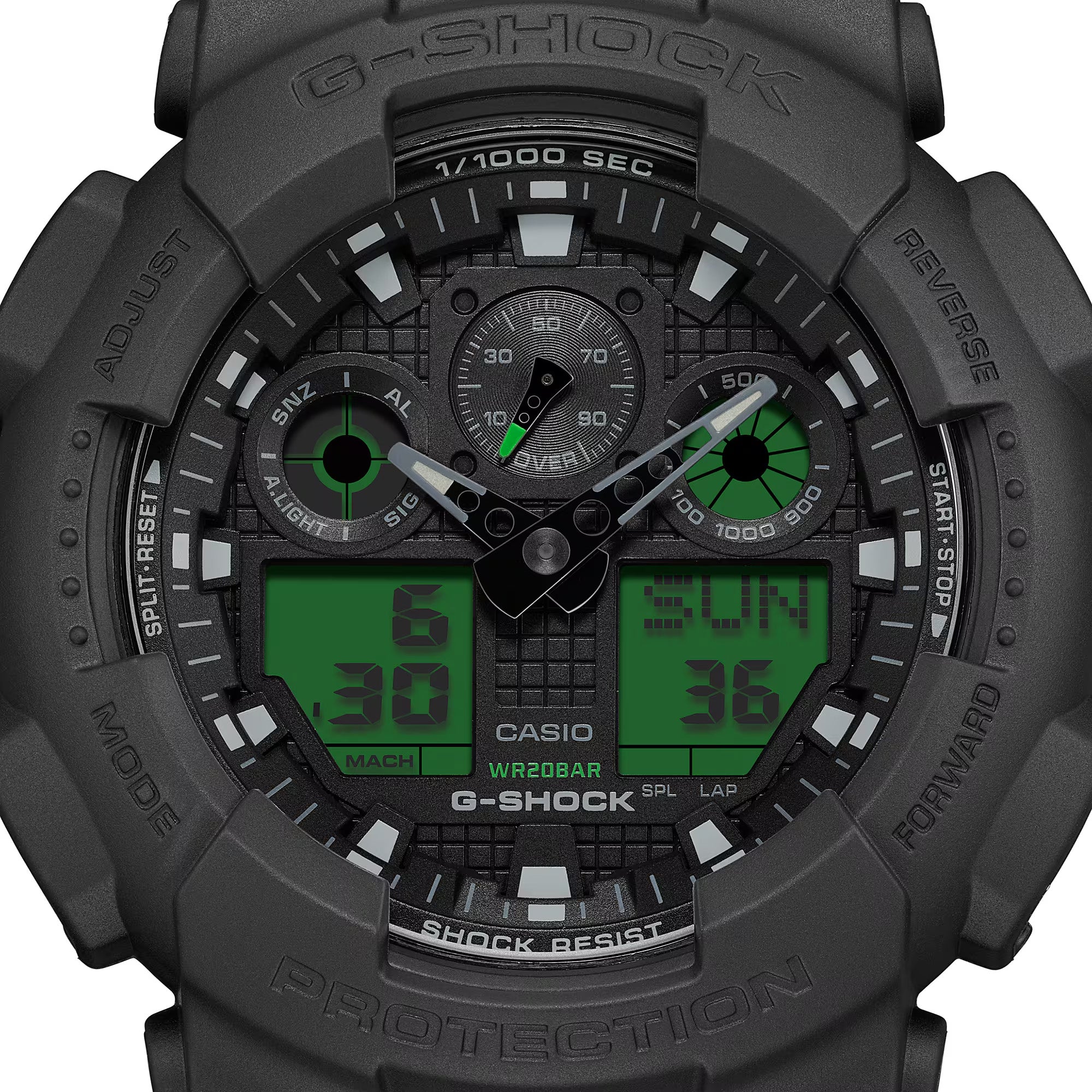 Casio G-Shock GA100BEG-1A front view — all-black round resin case with electro green LCD accents, analogue-digital three-dial layout. 55mm x 51.2mm x 16.9mm, 70 grams, shock resistant, magnetic resistant, 200M water resistant.