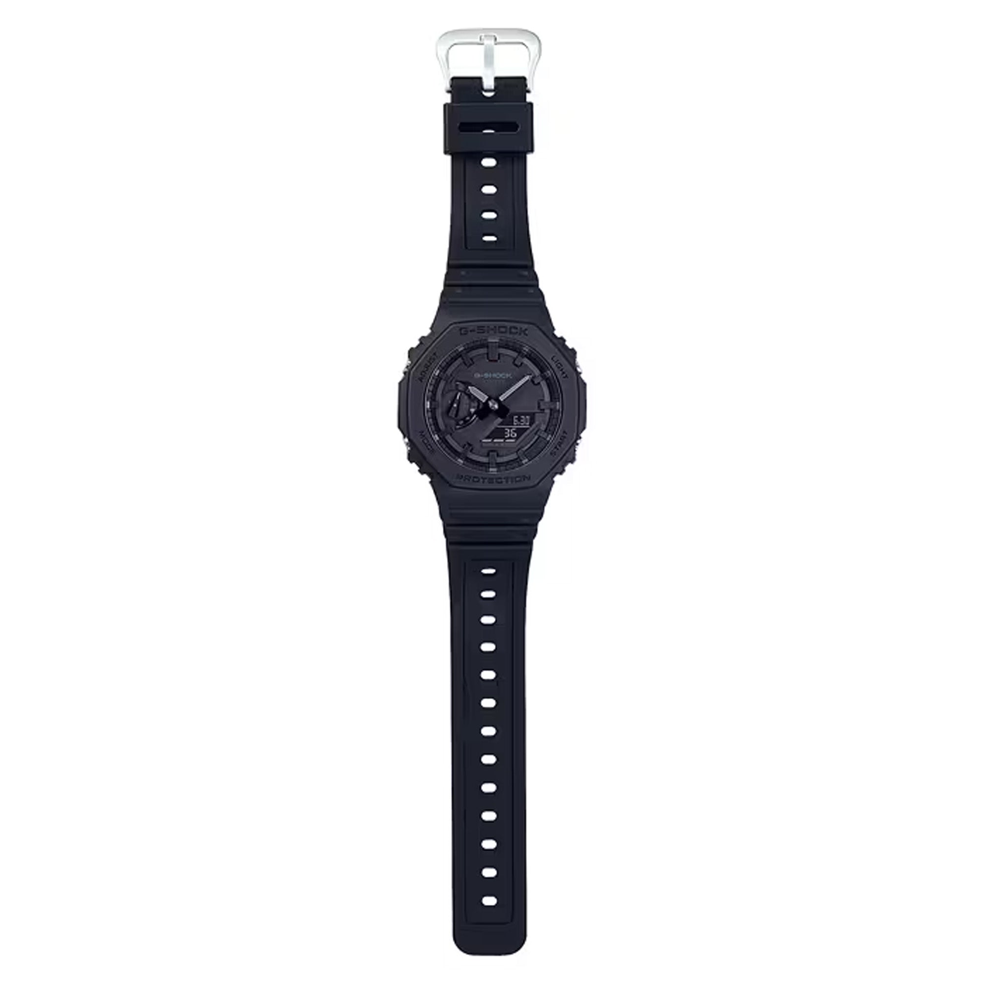 Casio G-Shock GA-2100-1A1 watch front view, featuring a 45.4mm all-black octagonal resin case with Carbon Core Guard construction, clean monochromatic analogue-digital dial with Arabic numeral indices, inverted LCD display, and distinctive integrated band design.