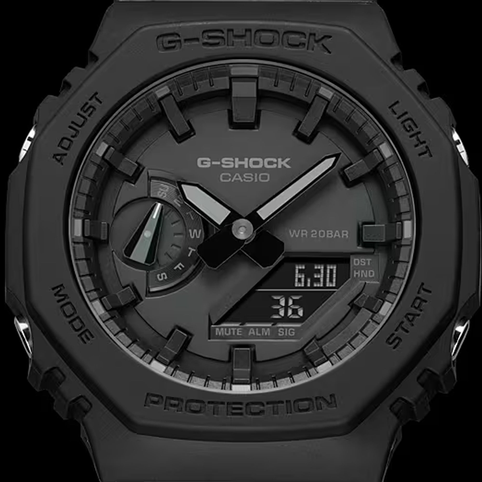 Casio G-Shock GA-2100-1A1 watch front view, featuring a 45.4mm all-black octagonal resin case with Carbon Core Guard construction, clean monochromatic analogue-digital dial with Arabic numeral indices, inverted LCD display, and distinctive integrated band design.