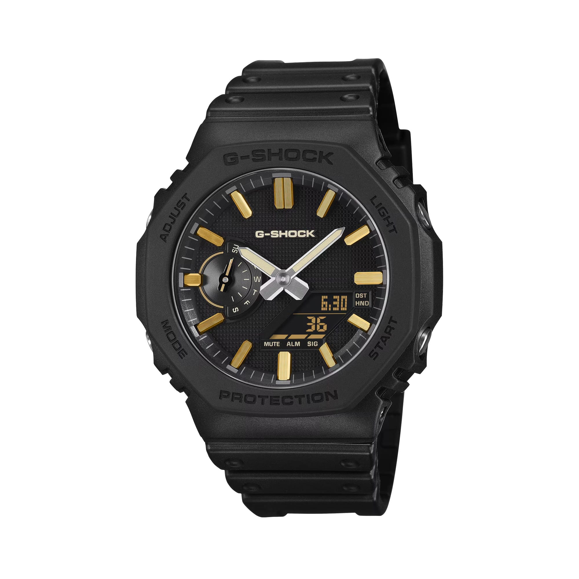 The Casio G-Shock Analogue Digital Men's Watch GA2100LXB-1A9 features a deep matte black anti-reflective textured dial with slim extended hands and gold vapour-deposited hour markers, set within a 48.5mm Carbon Core Guard black octagonal resin case.