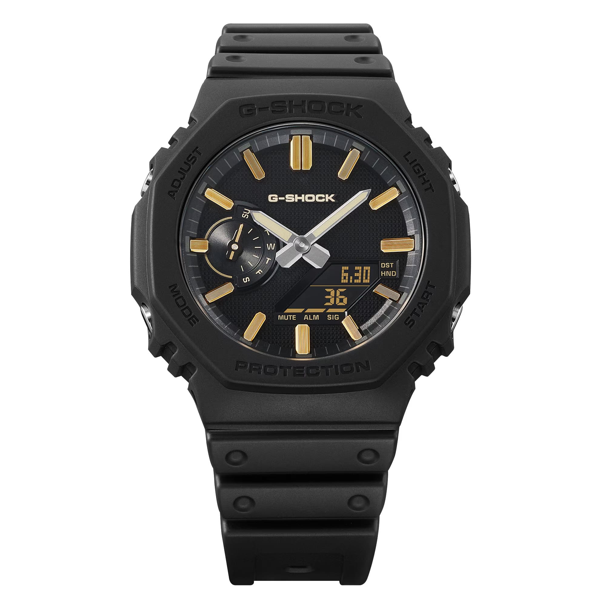 From this angle, the Casio G-Shock Analogue Digital Men's Watch GA2100LXB-1A9 reveals the octagonal bezel's crisp matte facets and the warm gold shimmer of the vapour-deposited hour markers against the all-black dial.