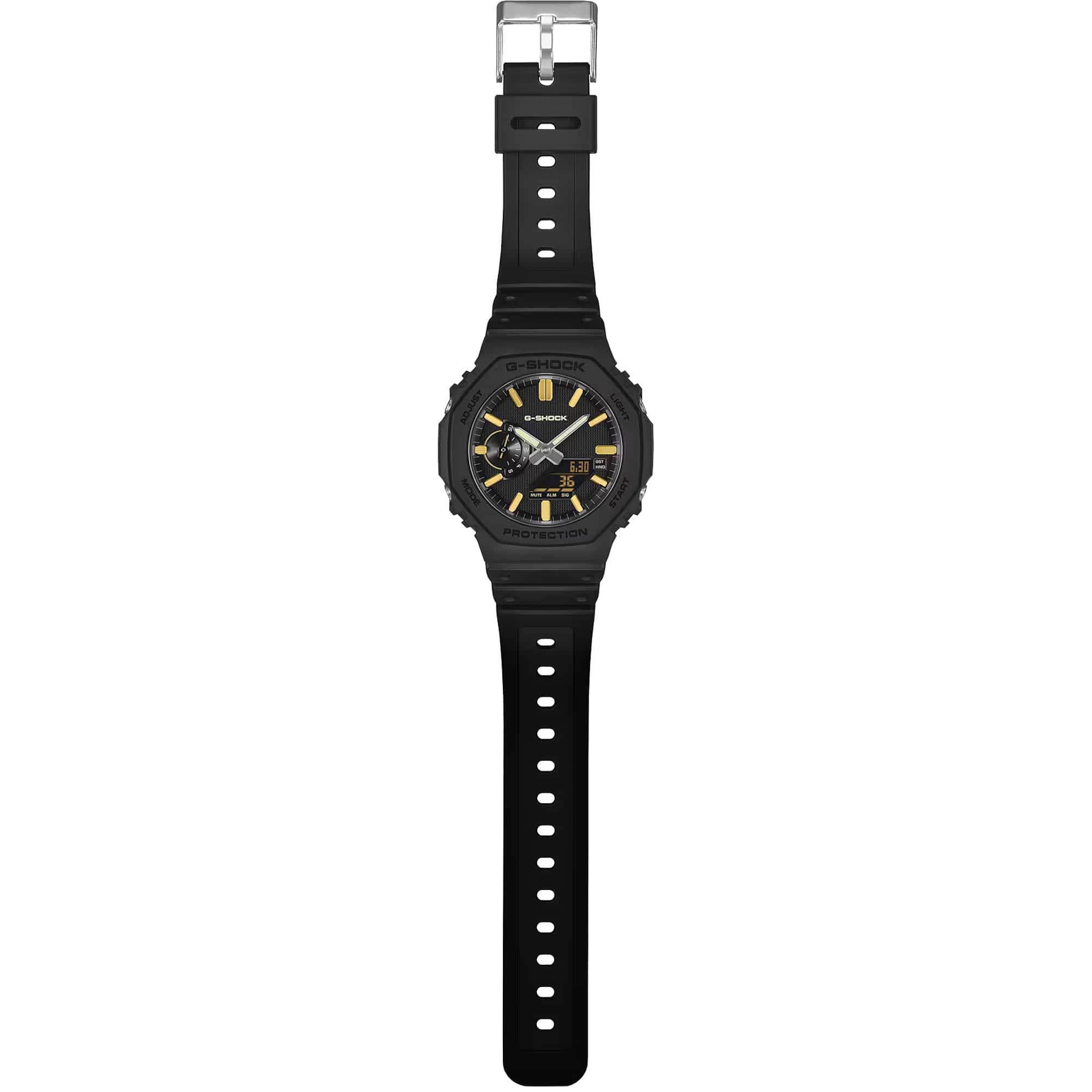 The Casio G-Shock Analogue Digital Men's Watch GA2100LXB-1A9 is fitted with a black bio-based resin band with standard buckle clasp, fitting wrists from 145mm to 215mm. The solid resin case back confirms shock-resistant and 200-metre water-resistant construction.