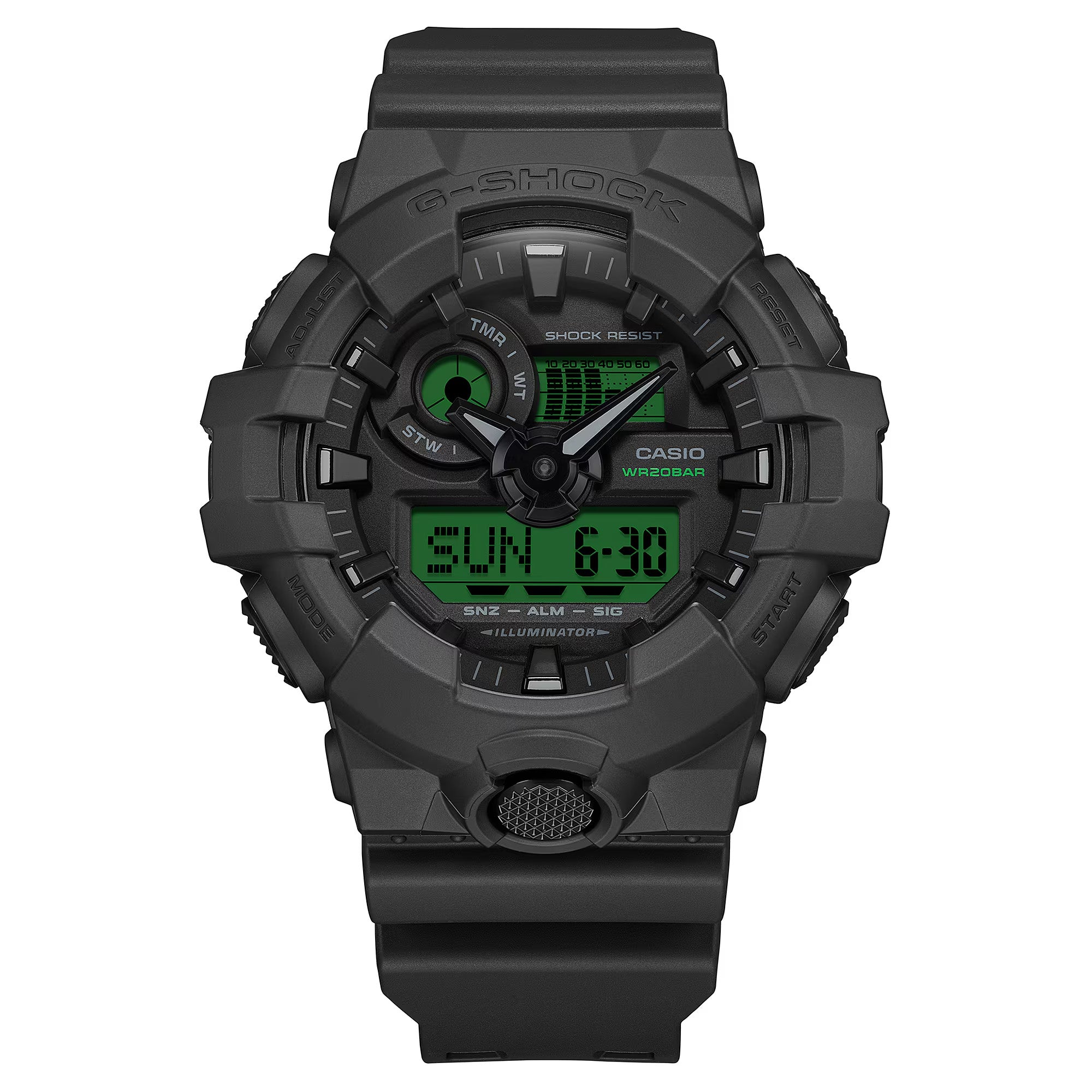 Casio G-Shock GA100BEG-1A front view — all-black round resin case with electro green LCD accents, analogue-digital three-dial layout. 55mm x 51.2mm x 16.9mm, 70 grams, shock resistant, magnetic resistant, 200M water resistant.