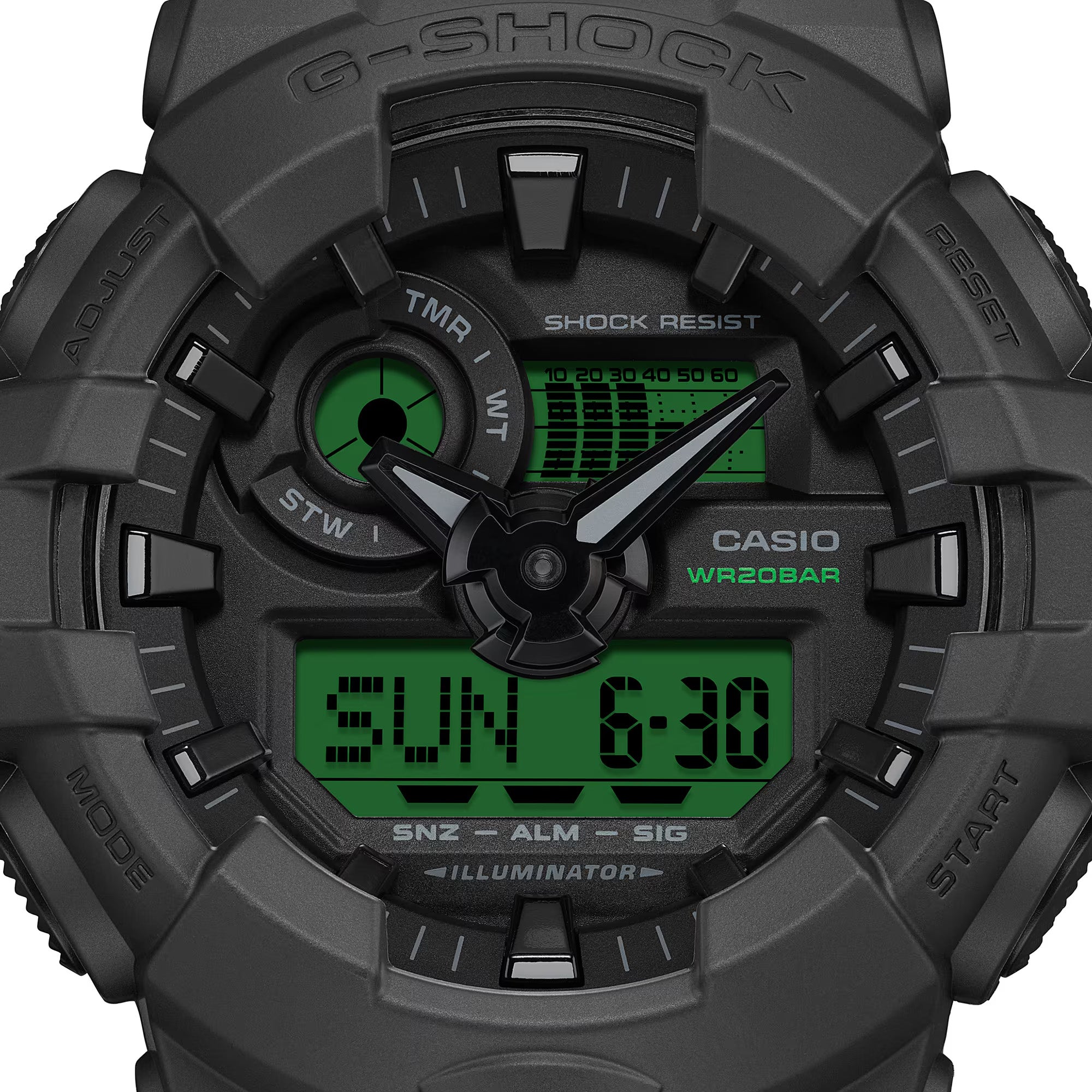Casio G-Shock GA100BEG-1A front view — all-black round resin case with electro green LCD accents, analogue-digital three-dial layout. 55mm x 51.2mm x 16.9mm, 70 grams, shock resistant, magnetic resistant, 200M water resistant.