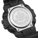 Casio G-Shock GA100BEG-1A watch rear view showing the stainless steel case back with G-Shock branding and module details, confirming shock-resistant, magnetic-resistant, and 200-metre water-resistant construction.