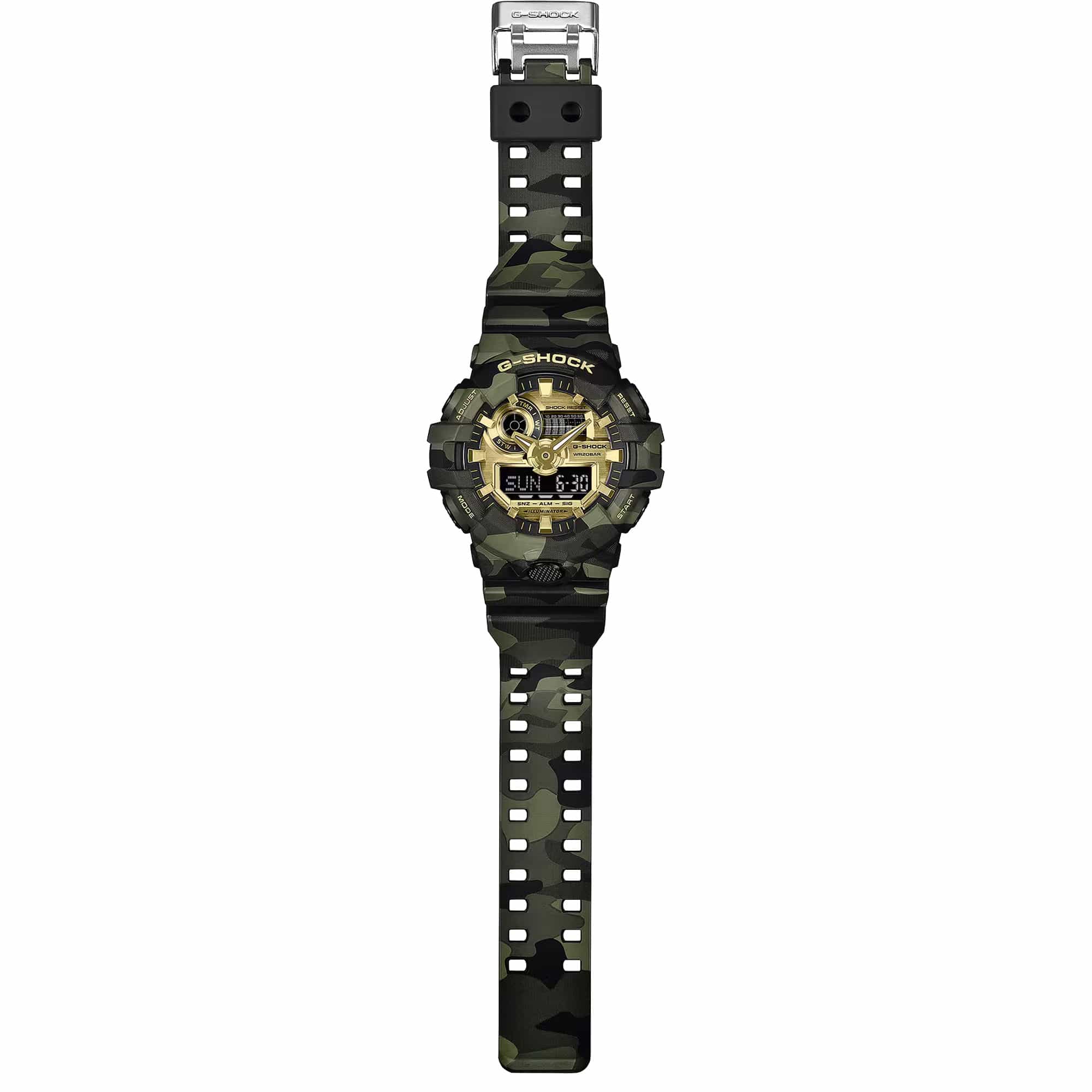 The Casio G-Shock GA700CMG-3A is fitted with a green camouflage MAP-printed resin band with standard buckle clasp, with the resin case back confirming shock-resistant and 200-metre water-resistant construction.