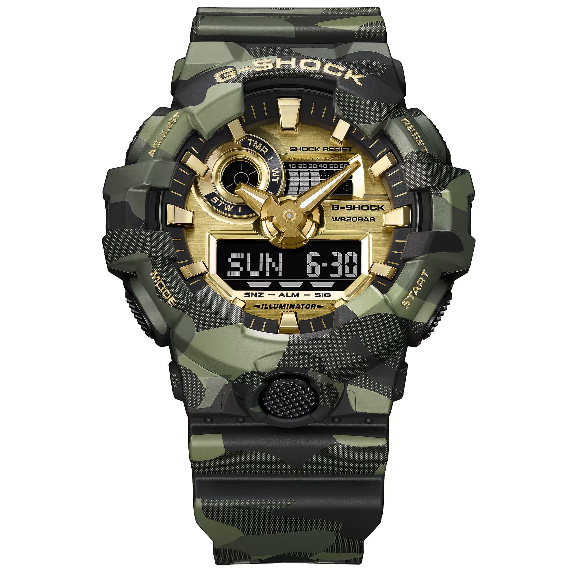 The Casio G-Shock GA700CMG-3A reveals the four-colour green camouflage MAP-print detail across the bezel, the gold vapour deposition finish across the dial face and sculpted multi-dimensional hands in close detail.