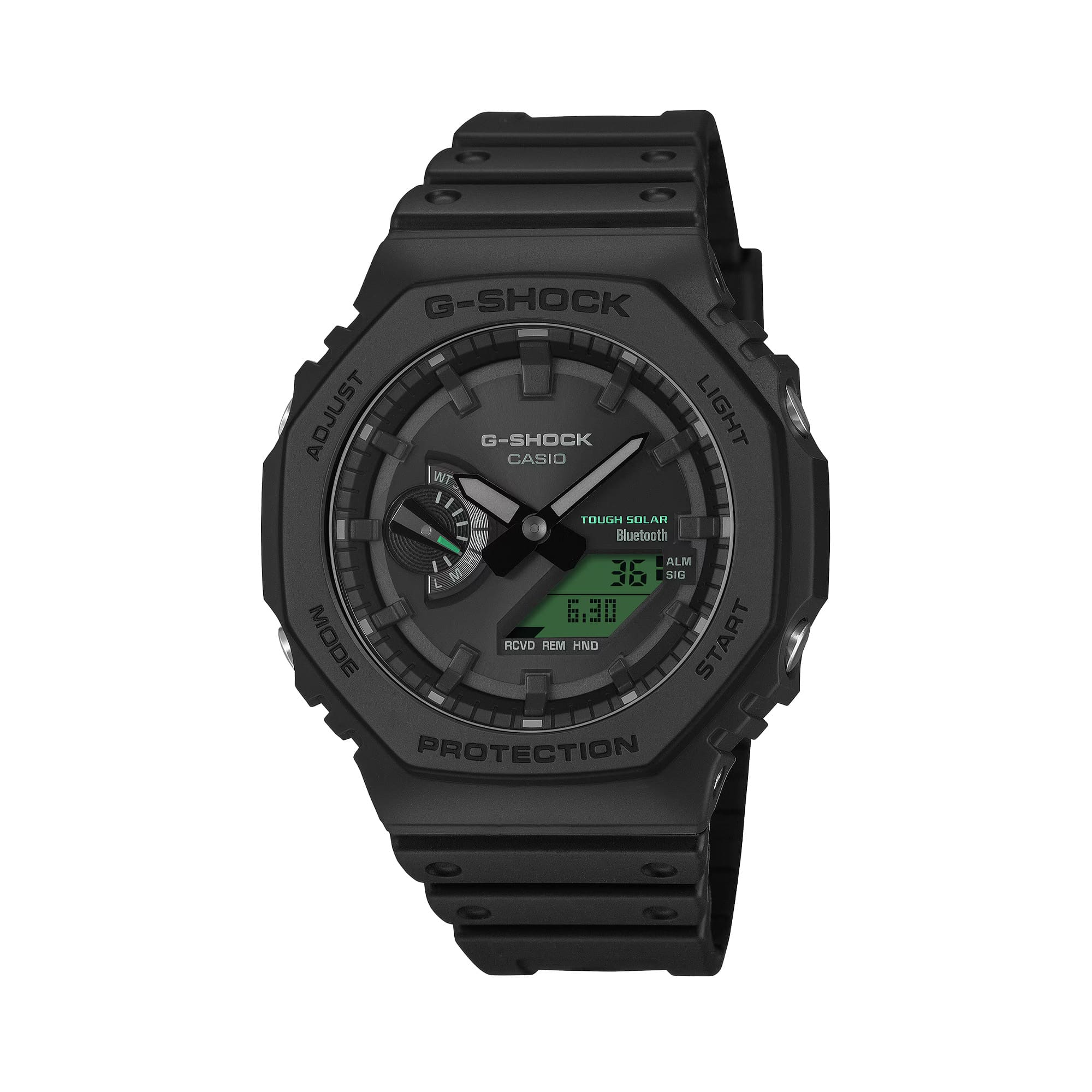 Casio G-Shock GAB2100BEG-1A Solar CasiOak front view, featuring the iconic 45.4mm all-black octagonal Carbon Core Guard bio-based resin case with electro green LCD accents, dual-layer analogue-digital dial, Neobrite luminous hands, hand shift feature, and Tough Solar and Bluetooth branding — the BEG electro green edition of the Solar CasiOak.