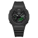 Casio G-Shock GAB2100BEG-1A front view — all-black octagonal Carbon Core Guard bio-based resin case, electro green LCD accents, analogue-digital dual-layer dial. 48.5mm x 45.4mm x 11.9mm, 52 grams, Tough Solar, Bluetooth, 200M water resistant.