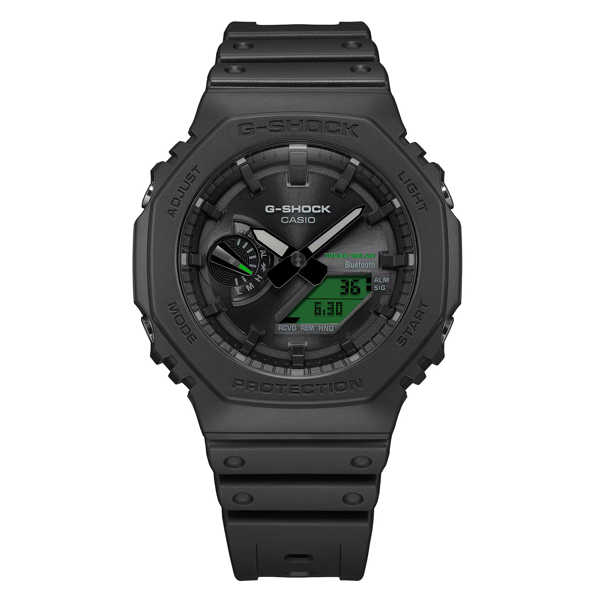 Casio G-Shock GAB2100BEG-1A front view — all-black octagonal Carbon Core Guard bio-based resin case, electro green LCD accents, analogue-digital dual-layer dial. 48.5mm x 45.4mm x 11.9mm, 52 grams, Tough Solar, Bluetooth, 200M water resistant.