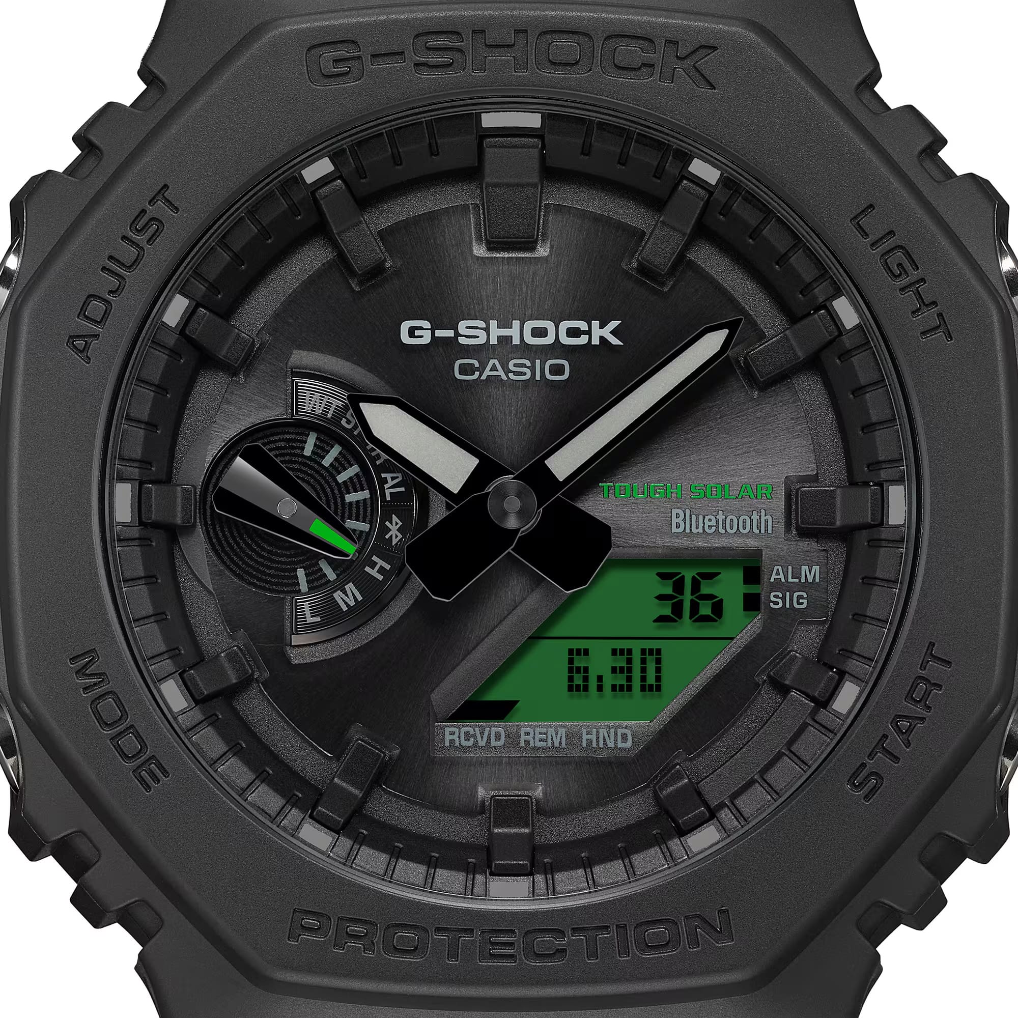Casio G-Shock GAB2100BEG-1A front view — all-black octagonal Carbon Core Guard bio-based resin case, electro green LCD accents, analogue-digital dual-layer dial. 48.5mm x 45.4mm x 11.9mm, 52 grams, Tough Solar, Bluetooth, 200M water resistant.