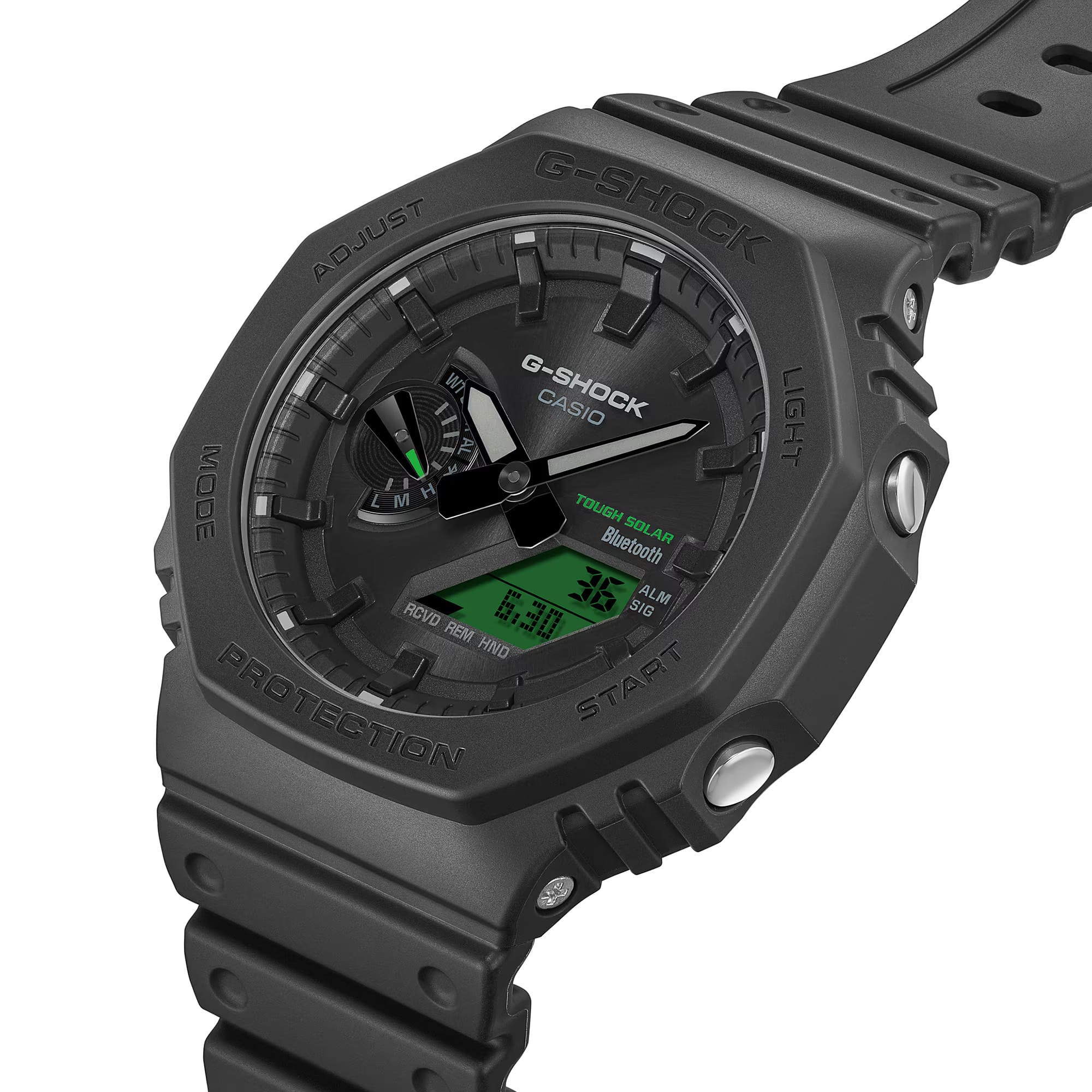 Casio G-Shock GAB2100BEG-1A front view — all-black octagonal Carbon Core Guard bio-based resin case, electro green LCD accents, analogue-digital dual-layer dial. 48.5mm x 45.4mm x 11.9mm, 52 grams, Tough Solar, Bluetooth, 200M water resistant.