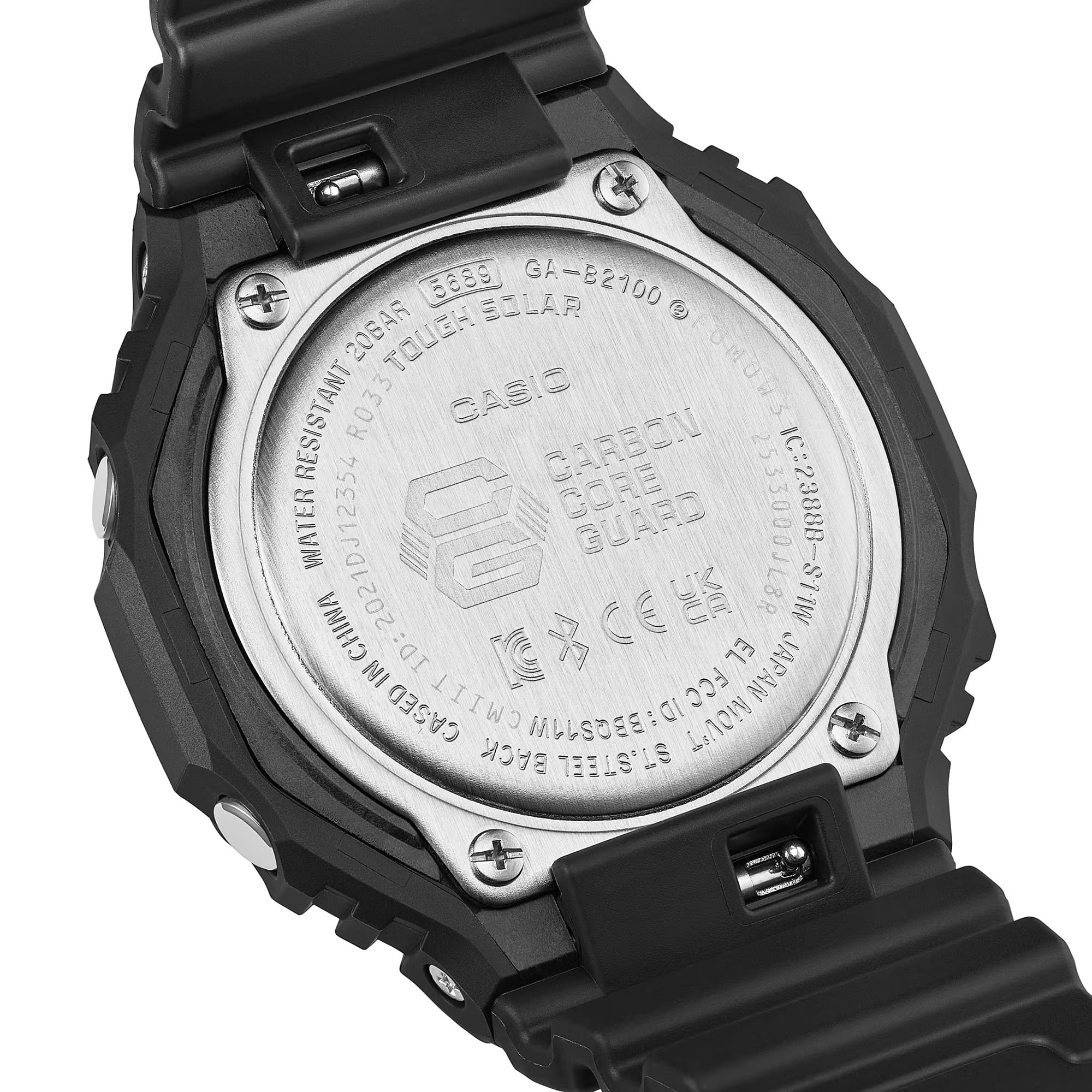 Casio G-Shock GAB2100BEG-1A watch rear view showing the Carbon Core Guard bio-based resin case back with G-Shock branding and module 5689 details, confirming shock-resistant and 200-metre water-resistant construction with Tough Solar panel visible on the dial side.