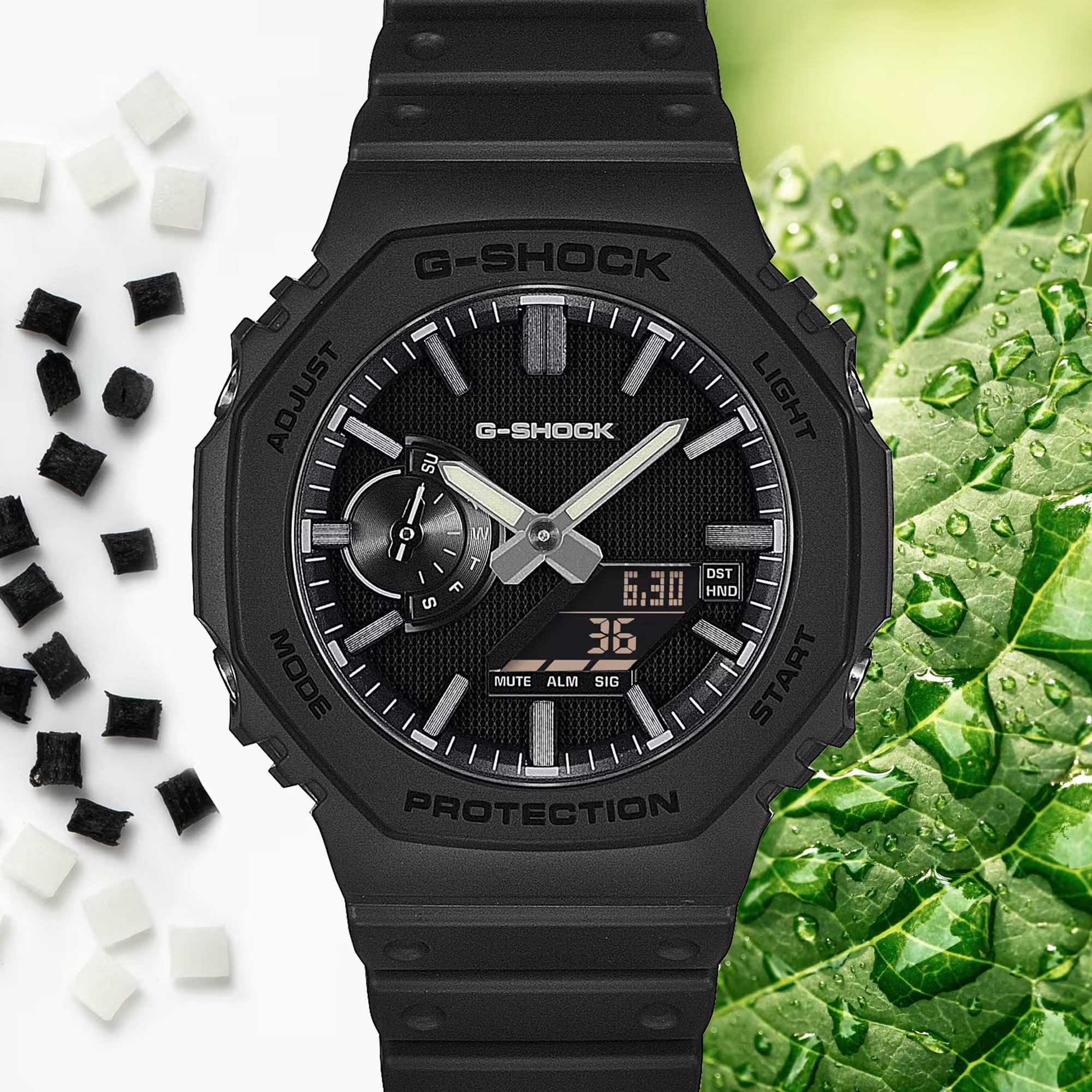 The Casio G-Shock Analogue Digital Men's Watch GA2100LXB-1A reveals the fine anti-reflective textured dial surface, slim extended hands, and individually redesigned silver vapour-deposited hour markers in close detail.