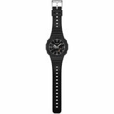 The Casio G-Shock Analogue Digital Men's Watch GA2100LXB-1A is fitted with a black bio-based resin band with standard buckle clasp, fitting wrists from 145mm to 215mm. The solid resin case back confirms shock-resistant and 200-metre water-resistant construction.