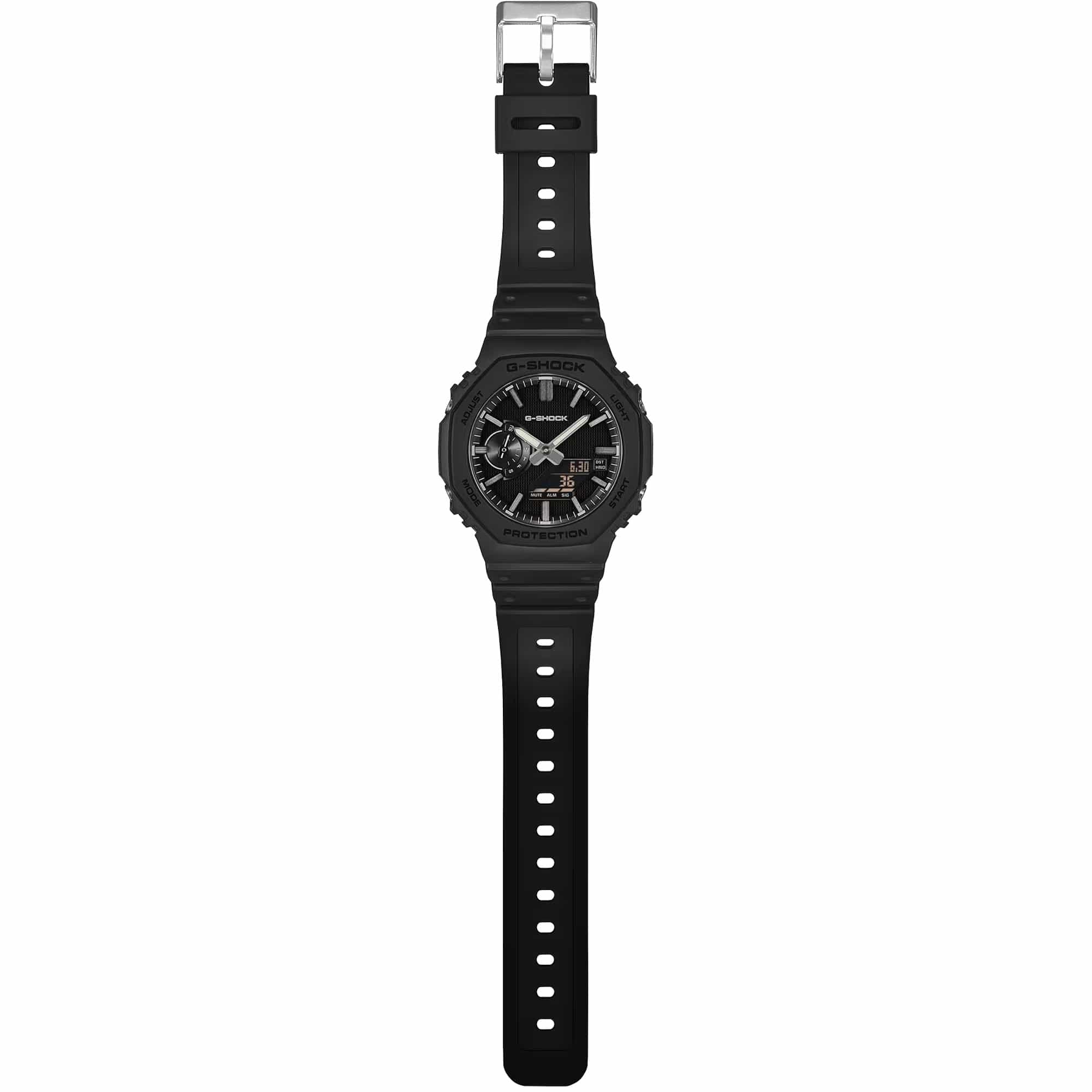 The Casio G-Shock Analogue Digital Men's Watch GA2100LXB-1A is fitted with a black bio-based resin band with standard buckle clasp, fitting wrists from 145mm to 215mm. The solid resin case back confirms shock-resistant and 200-metre water-resistant construction.