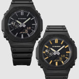 From this angle, the Casio G-Shock Analogue Digital Men's Watch GA2100LXB-1A and Casio G-Shock Analogue Digital Men's Watch GA2100LXB-1A9 reveal the octagonal bezel's depth and the interplay between the matte black case, textured dial, and silver vapour-deposited hour markers.