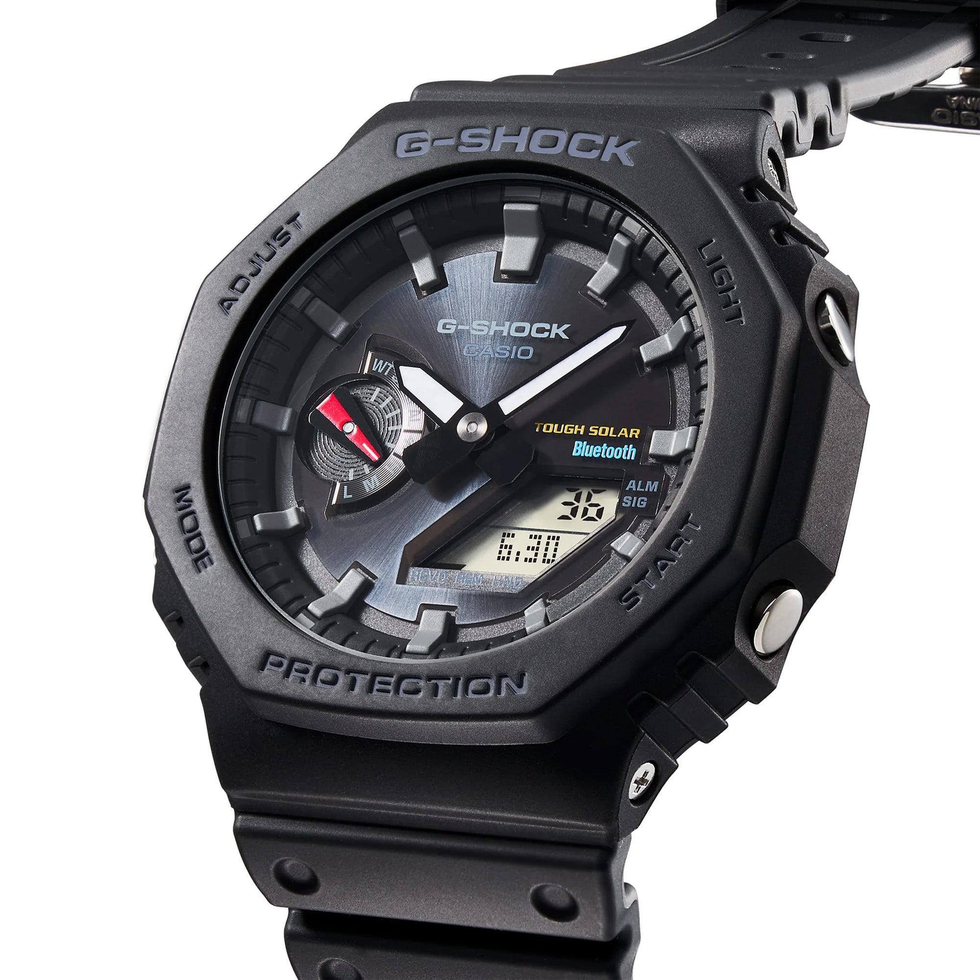 Casio G-SHOCK GAB2100-1A analogue digital watch with black bio-based resin band, octagonal bezel, solar power, and Bluetooth connectivity.