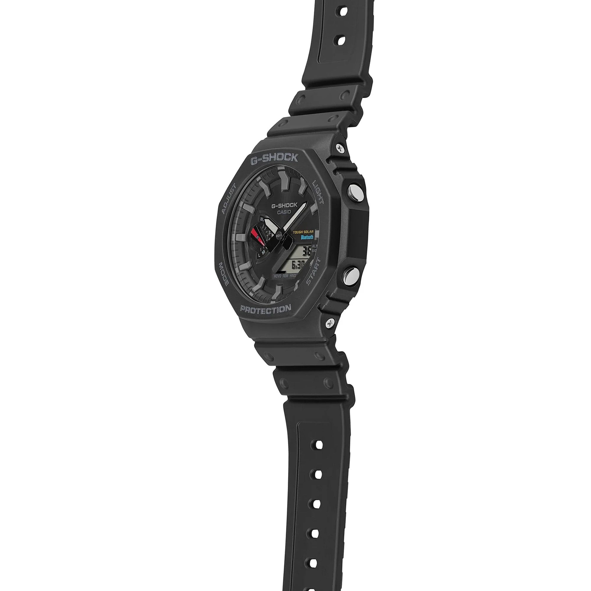 Casio G-SHOCK GAB2100-1A analogue digital watch with black bio-based resin band, octagonal bezel, solar power, and Bluetooth connectivity.