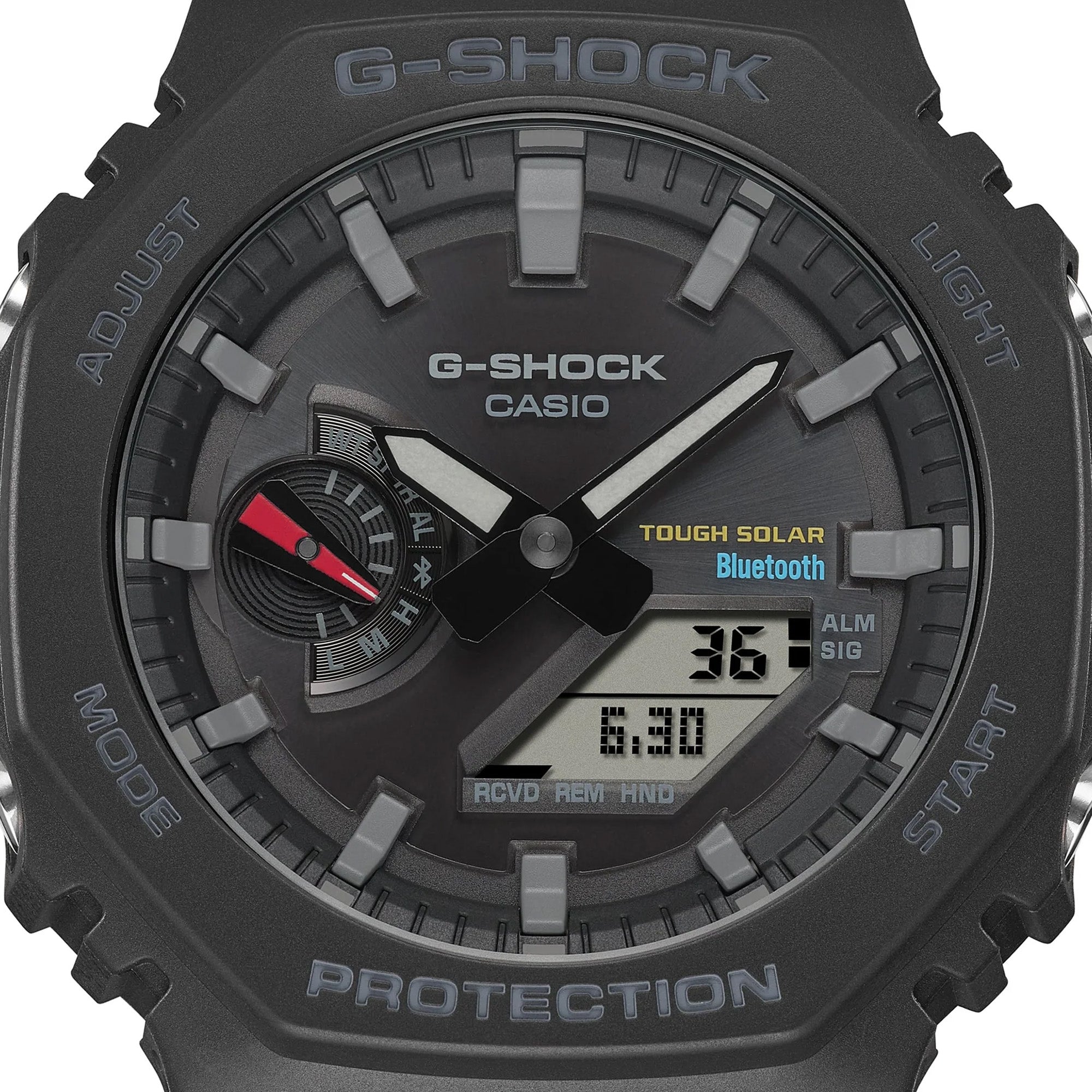 Casio G-SHOCK GAB2100-1A analogue digital watch with black bio-based resin band, octagonal bezel, solar power, and Bluetooth connectivity.