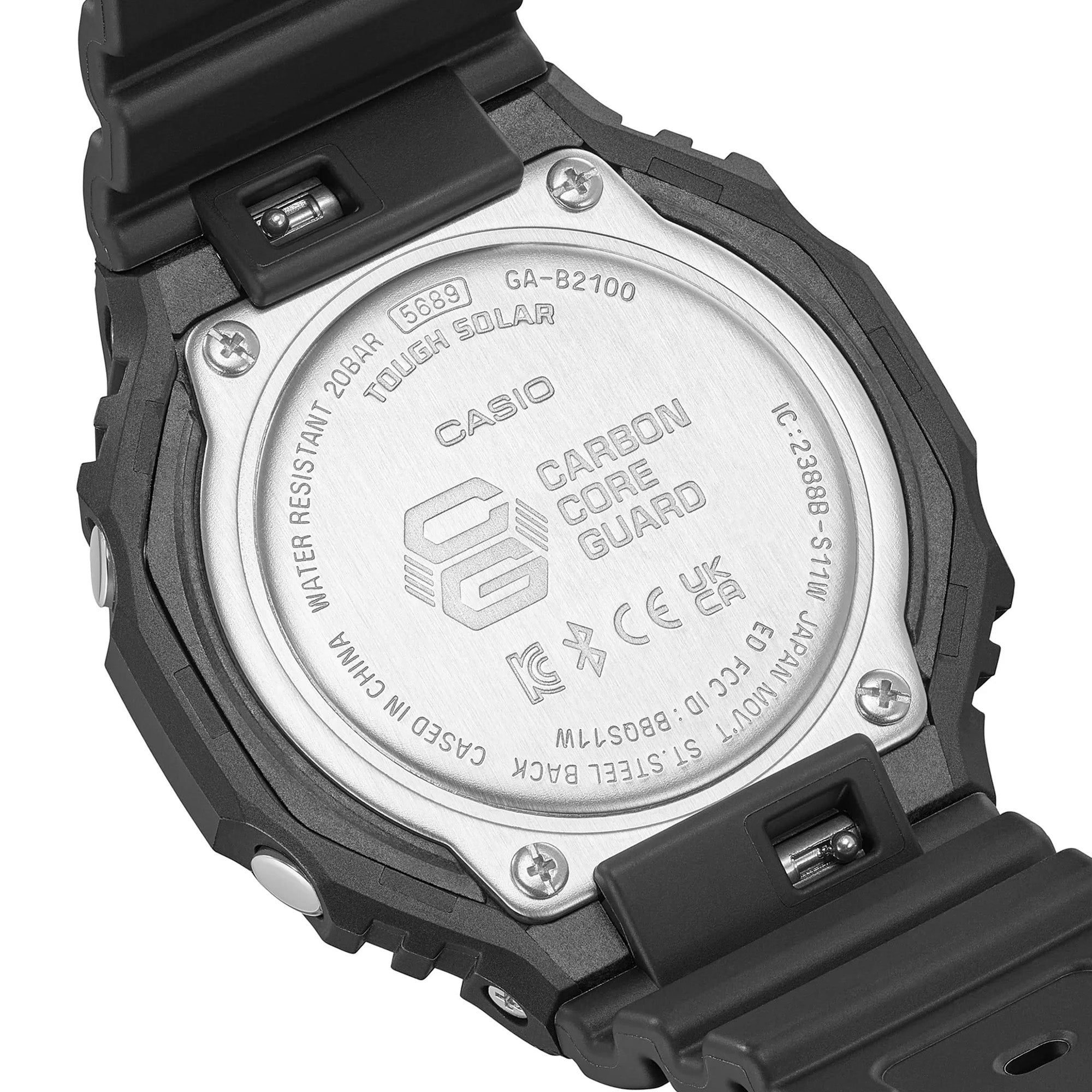 Back view of a Casio watch with 'Carbon Core Guard' feature on a white background