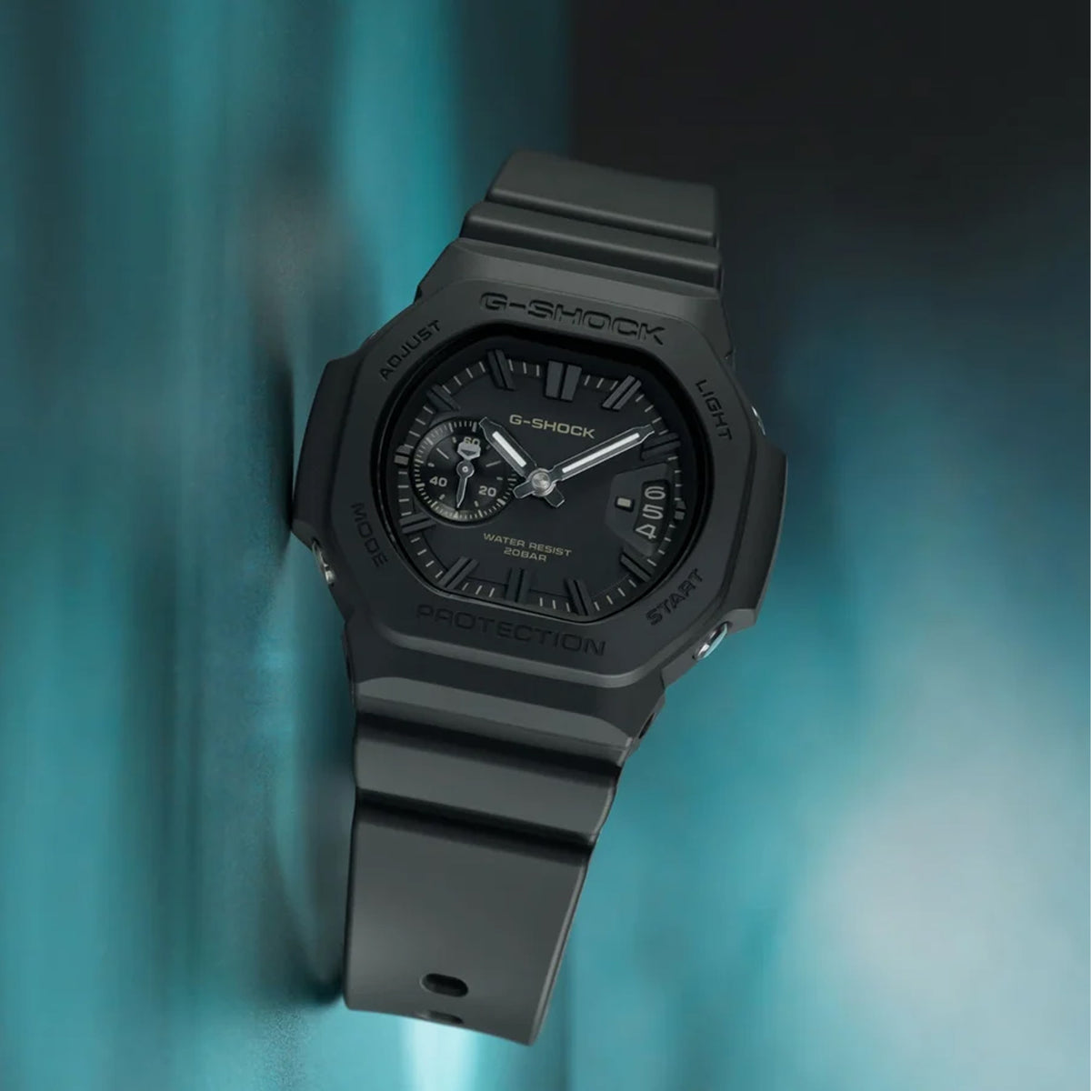 Close-up of the dial on the Casio G-SHOCK 2500 Series Quartz Men’s Watch GAC2500-1A, 46.7mm case. The small seconds subdial, date window and parallel-line hands are shown in detail.