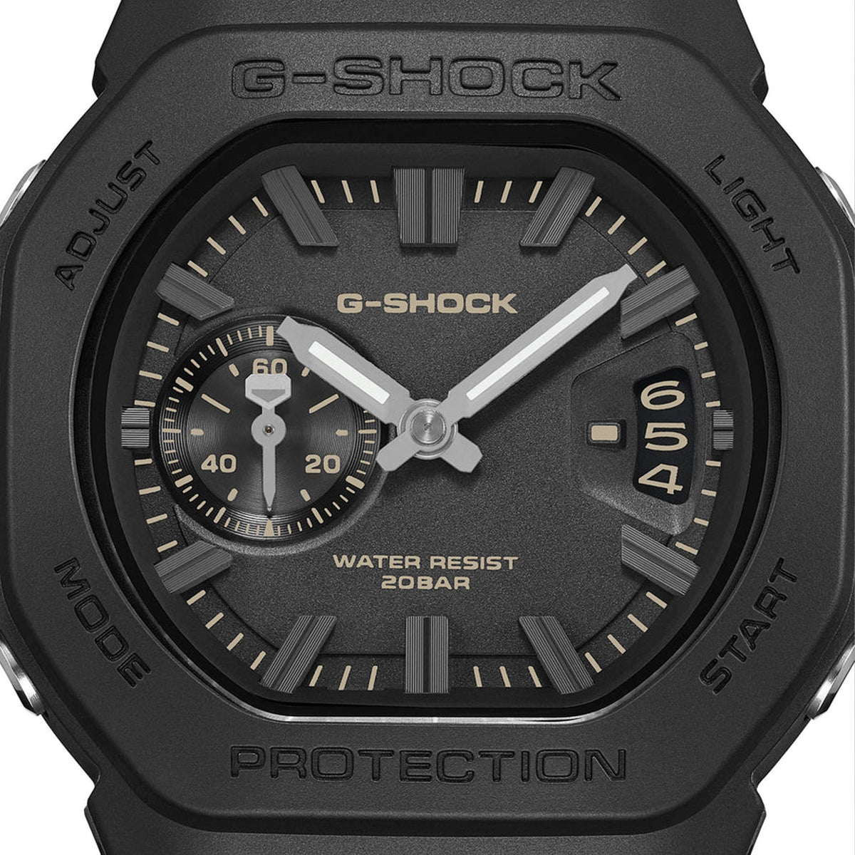 Close-up of the dial on the Casio G-SHOCK 2500 Series Quartz Men’s Watch GAC2500-1A, 46.7mm case. The small seconds subdial, date window and parallel-line hands are shown in detail.