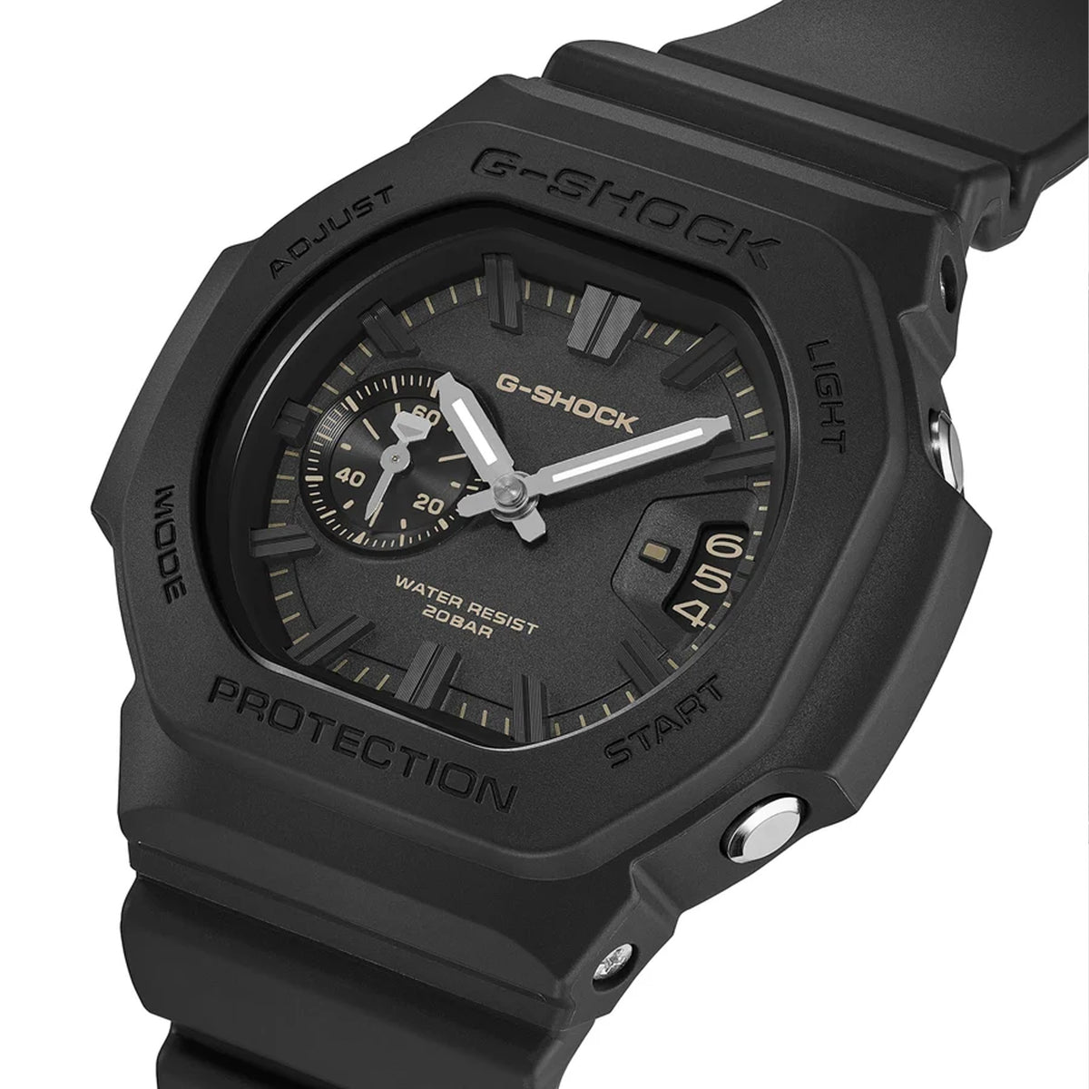 Three-quarter angle view of the Casio G-SHOCK 2500 Series Quartz Men’s Watch GAC2500-1A, 46.7mm case, highlighting the black resin bezel and rounded octagonal case. The black dial and raised bar indexes are visible.