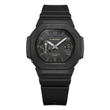 Three-quarter angle view of the Casio G-SHOCK 2500 Series Quartz Men’s Watch GAC2500-1A, 46.7mm case, highlighting the black resin bezel and rounded octagonal case. The black dial and raised bar indexes are visible.
