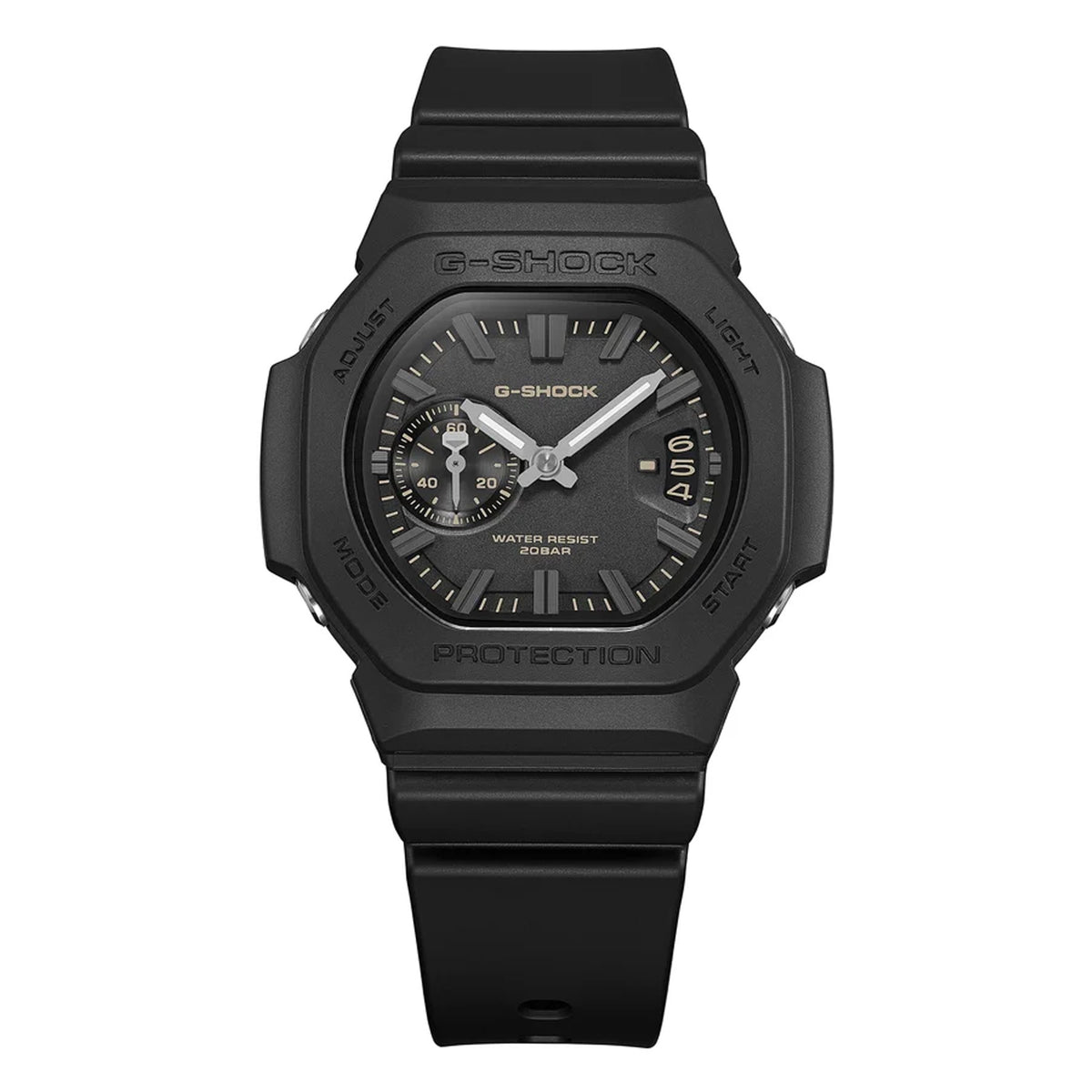 Three-quarter angle view of the Casio G-SHOCK 2500 Series Quartz Men’s Watch GAC2500-1A, 46.7mm case, highlighting the black resin bezel and rounded octagonal case. The black dial and raised bar indexes are visible.