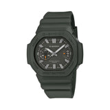 Front on: Front-on view of the Casio G-SHOCK 2500 Series Quartz Men’s Watch GAC2500-3A, 46.7mm case, in green resin with a green dial. The analogue dial and three-cell date window are clearly visible.