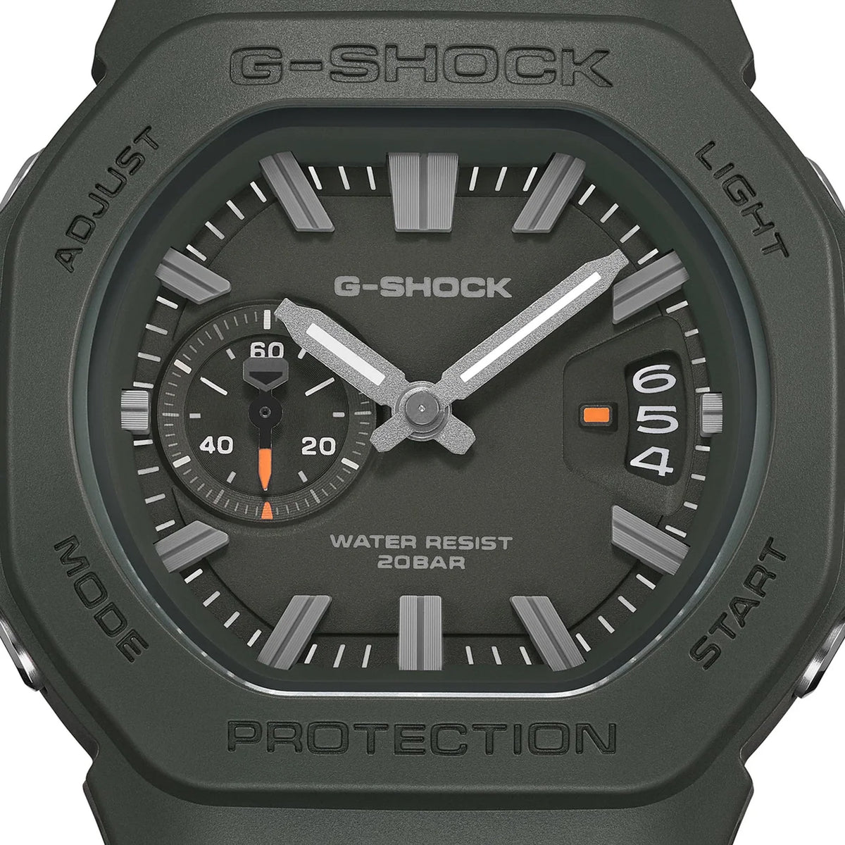 Close-up of the dial on the Casio G-SHOCK 2500 Series Quartz Men’s Watch GAC2500-3A, 46.7mm case. The small seconds subdial, date window and parallel-line hands are shown in detail.