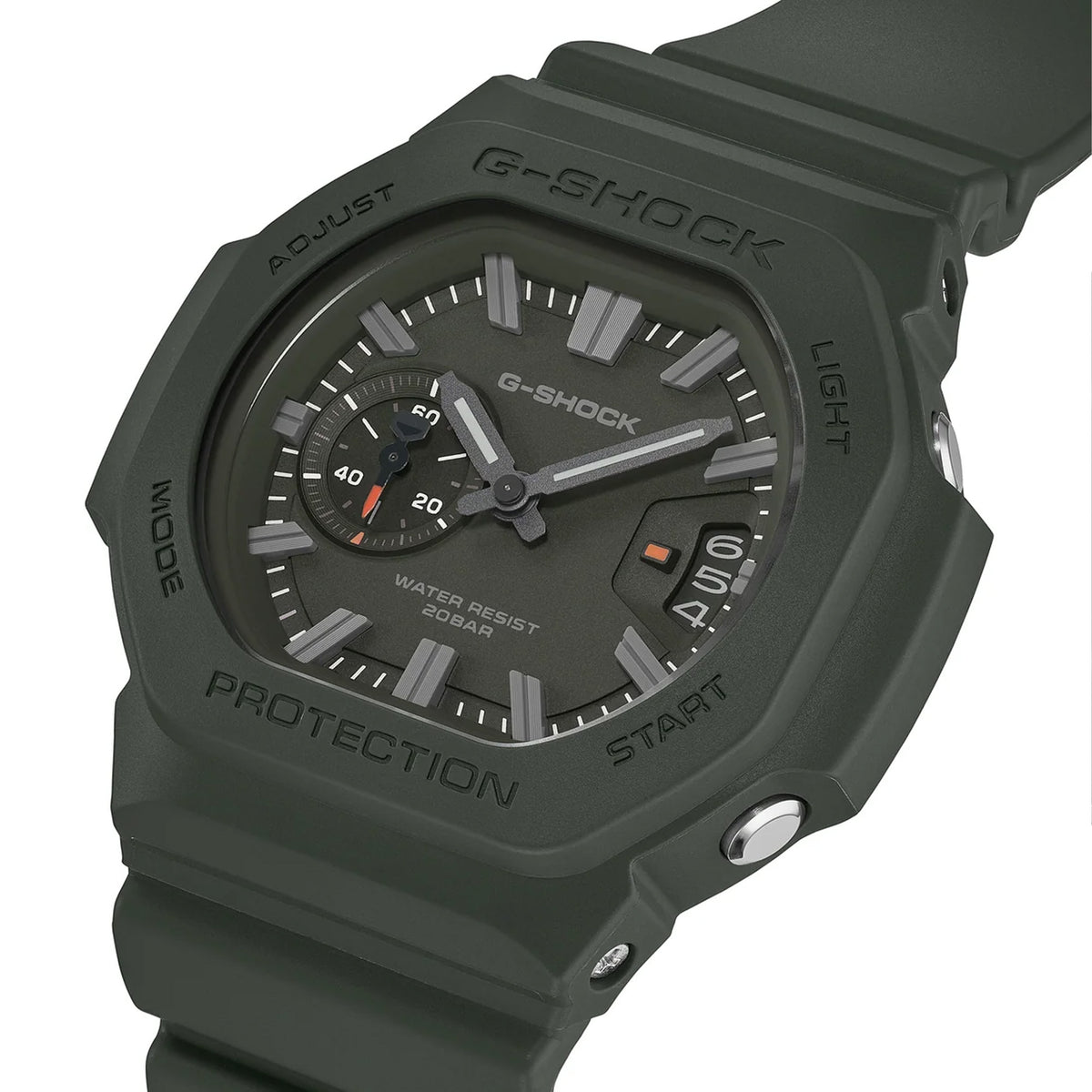 Three-quarter angle view of the Casio G-SHOCK 2500 Series Quartz Men’s Watch GAC2500-3A, 46.7mm case, highlighting the green resin bezel and rounded octagonal case. The green dial and raised bar indexes are visible.