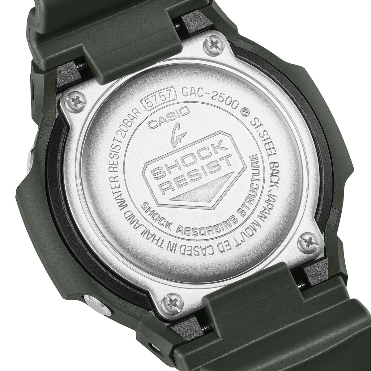 Back of the green resin strap on the Casio G-SHOCK 2500 Series Quartz Men’s Watch GAC2500-3A, 46.7mm case. The bio-based resin strap and case back are shown.