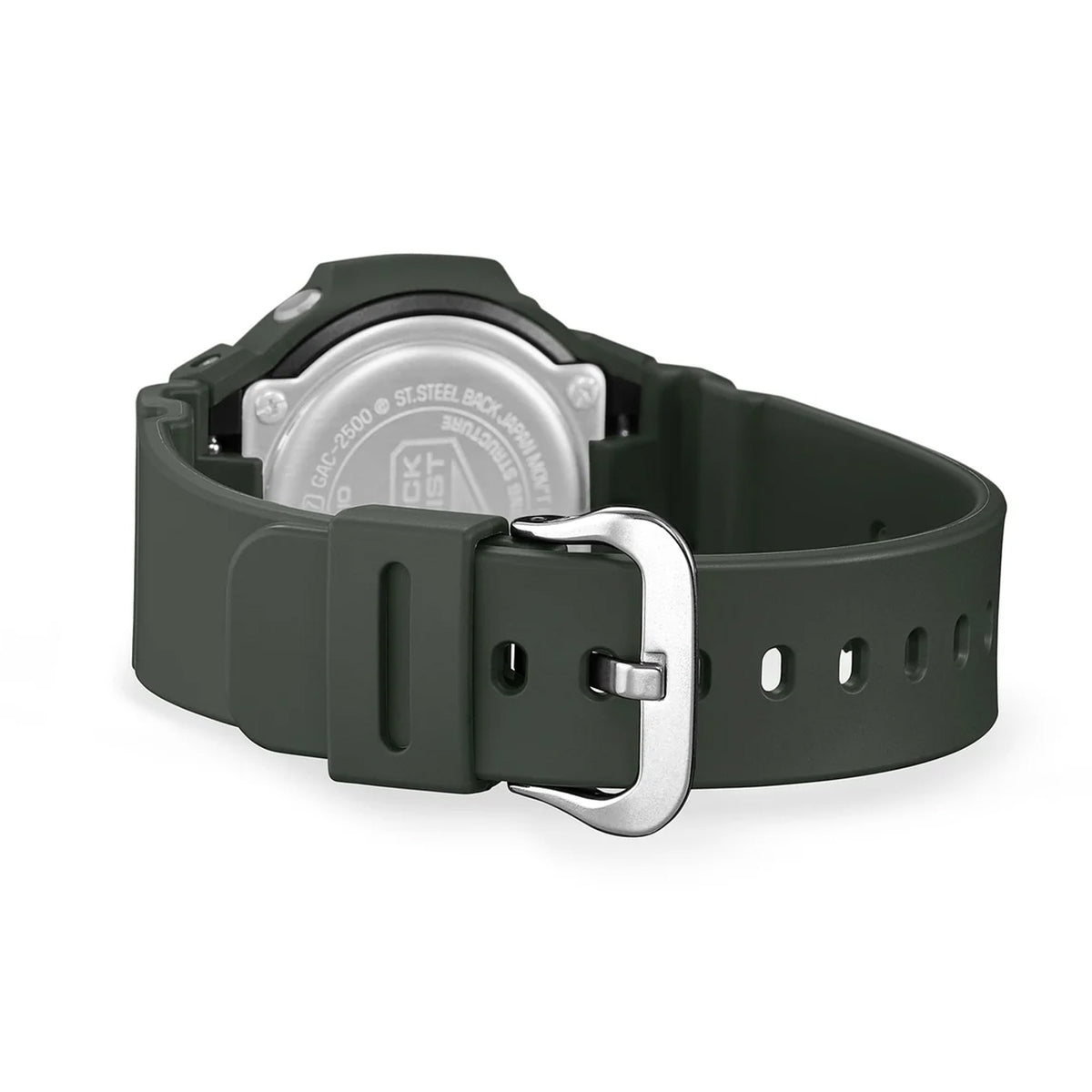 Back of the green resin strap on the Casio G-SHOCK 2500 Series Quartz Men’s Watch GAC2500-3A, 46.7mm case. The bio-based resin strap and case back are shown.