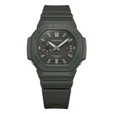 Three-quarter angle view of the Casio G-SHOCK 2500 Series Quartz Men’s Watch GAC2500-3A, 46.7mm case, highlighting the green resin bezel and rounded octagonal case. The green dial and raised bar indexes are visible.