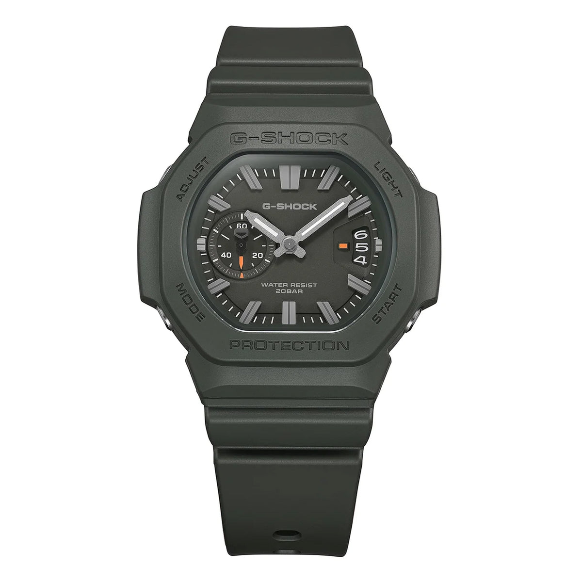 Three-quarter angle view of the Casio G-SHOCK 2500 Series Quartz Men’s Watch GAC2500-3A, 46.7mm case, highlighting the green resin bezel and rounded octagonal case. The green dial and raised bar indexes are visible.