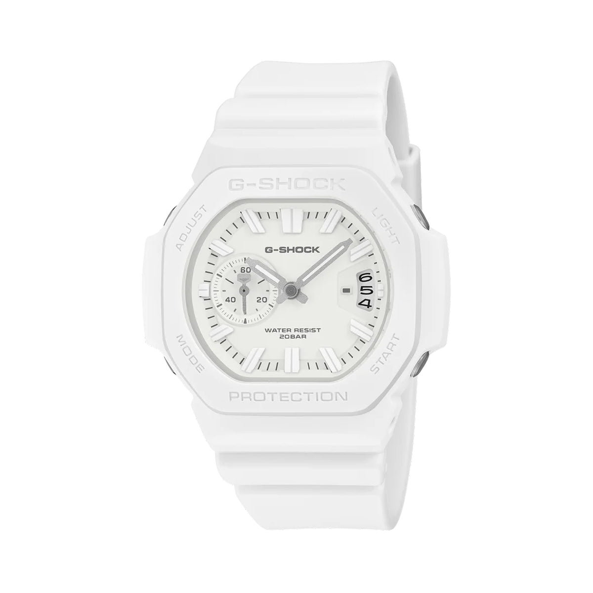 Front-on view of the Casio G-SHOCK 2500 Series Quartz Men’s Watch GAC2500-7A, 46.7mm case, in white resin with a white dial. The analogue dial and three-cell date window are clearly visible.