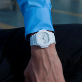 The Casio G-SHOCK 2500 Series Quartz Men’s Watch GAC2500-7A, 46.7mm case, worn on the wrist. The lightweight white design shows the scale and fit.