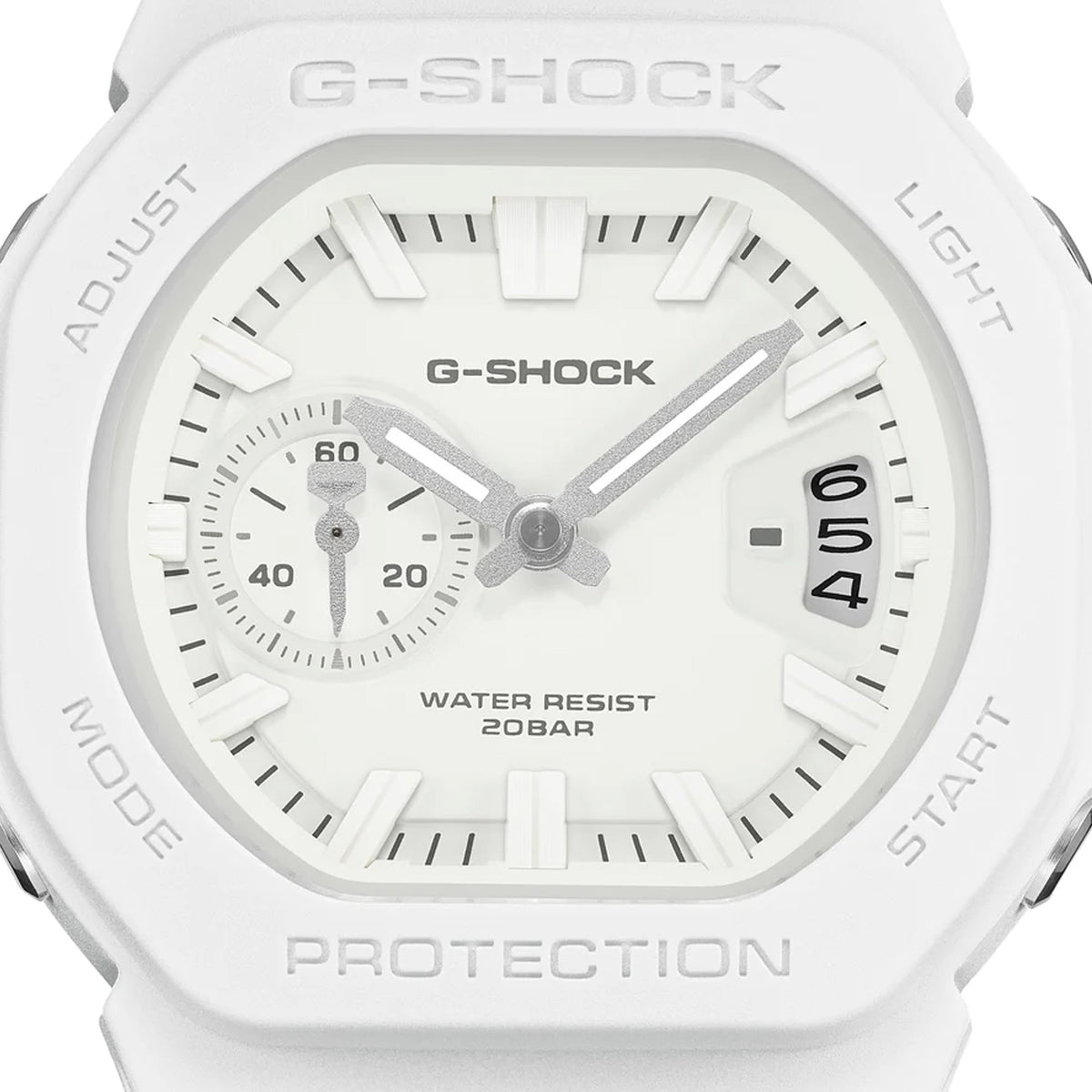 Close-up of the dial on the Casio G-SHOCK 2500 Series Quartz Men’s Watch GAC2500-7A, 46.7mm case. The small seconds subdial, date window and parallel-line hands are shown in detail.
