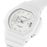 Three-quarter angle view of the Casio G-SHOCK 2500 Series Quartz Men’s Watch GAC2500-7A, 46.7mm case, highlighting the white resin bezel and rounded octagonal case. The white dial and raised bar indexes are visible.